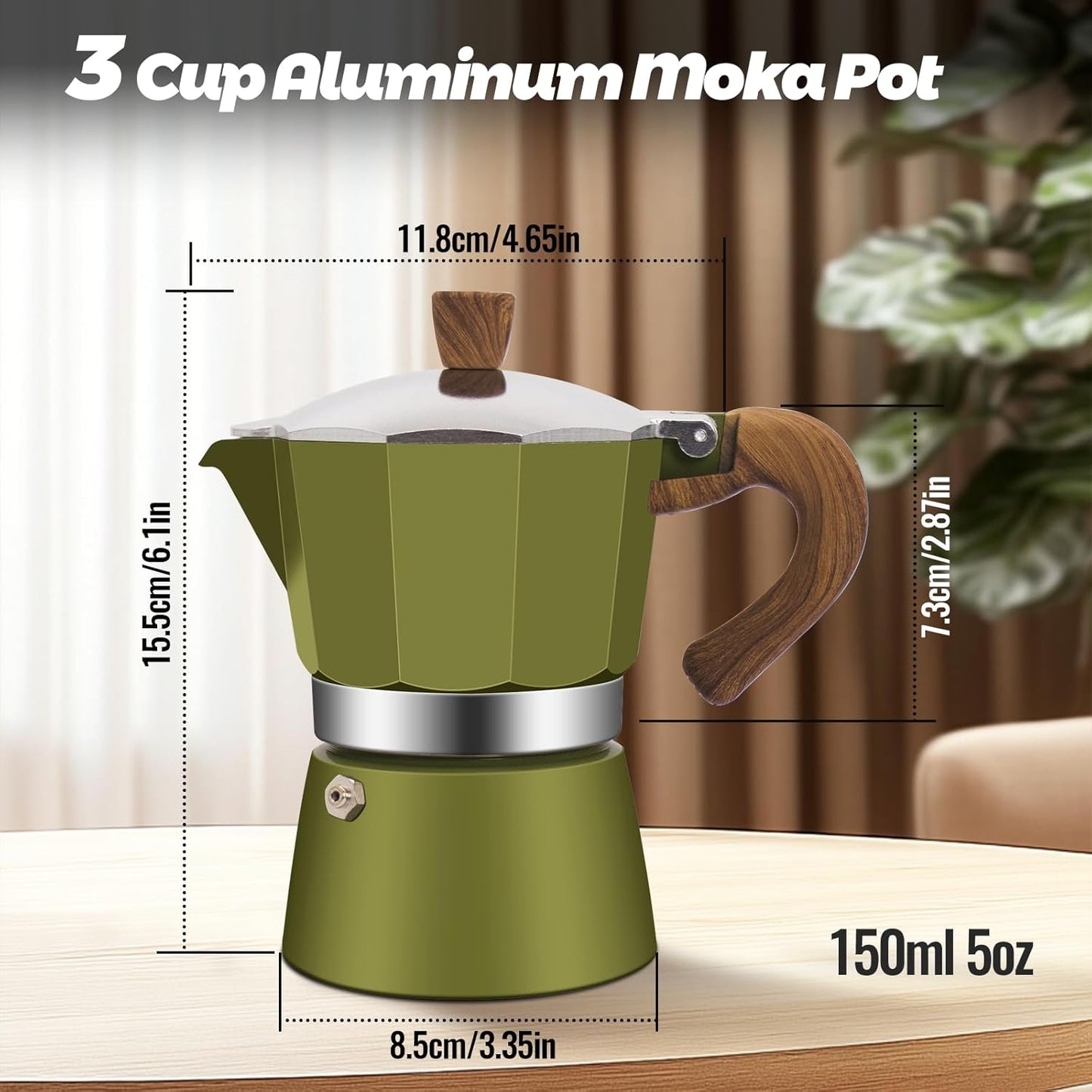 3 Cup Aluminum Moka Pot Classic Stovetop Espresso Coffee Maker 150ml 5oz Coffeemaker Percolator Mocha Pot Greca Coffee Maker Cafe Makers for Italian and Cuban Café Brewing Green
