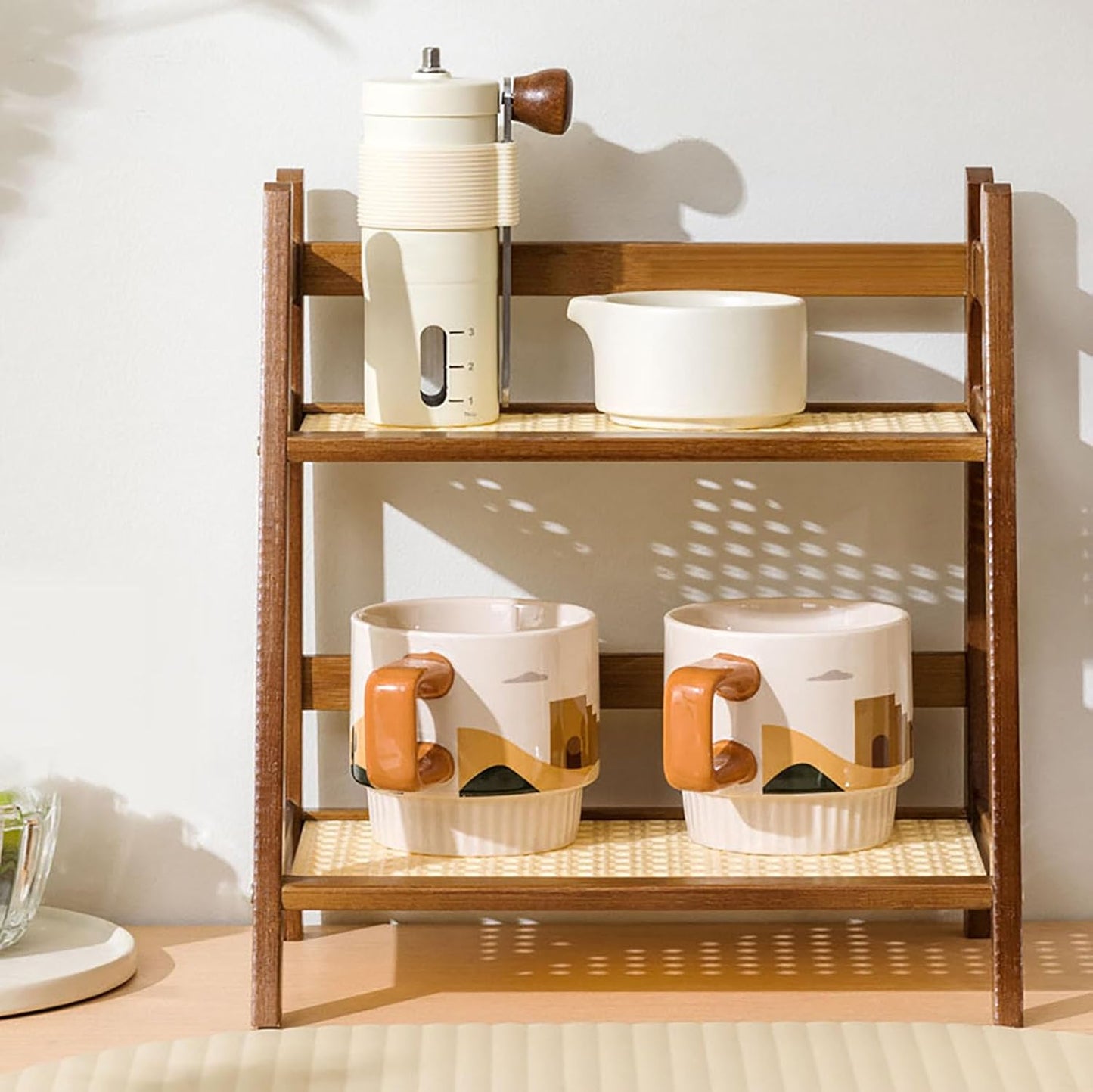 KISKIS Cup Mug Holder Wooden & bamboo look, Non-Slip Coffee Cup Rack Organizer, Bathroom Stand Storage Shelf with 2 Tier, Kitchen Countertop Spice Rack