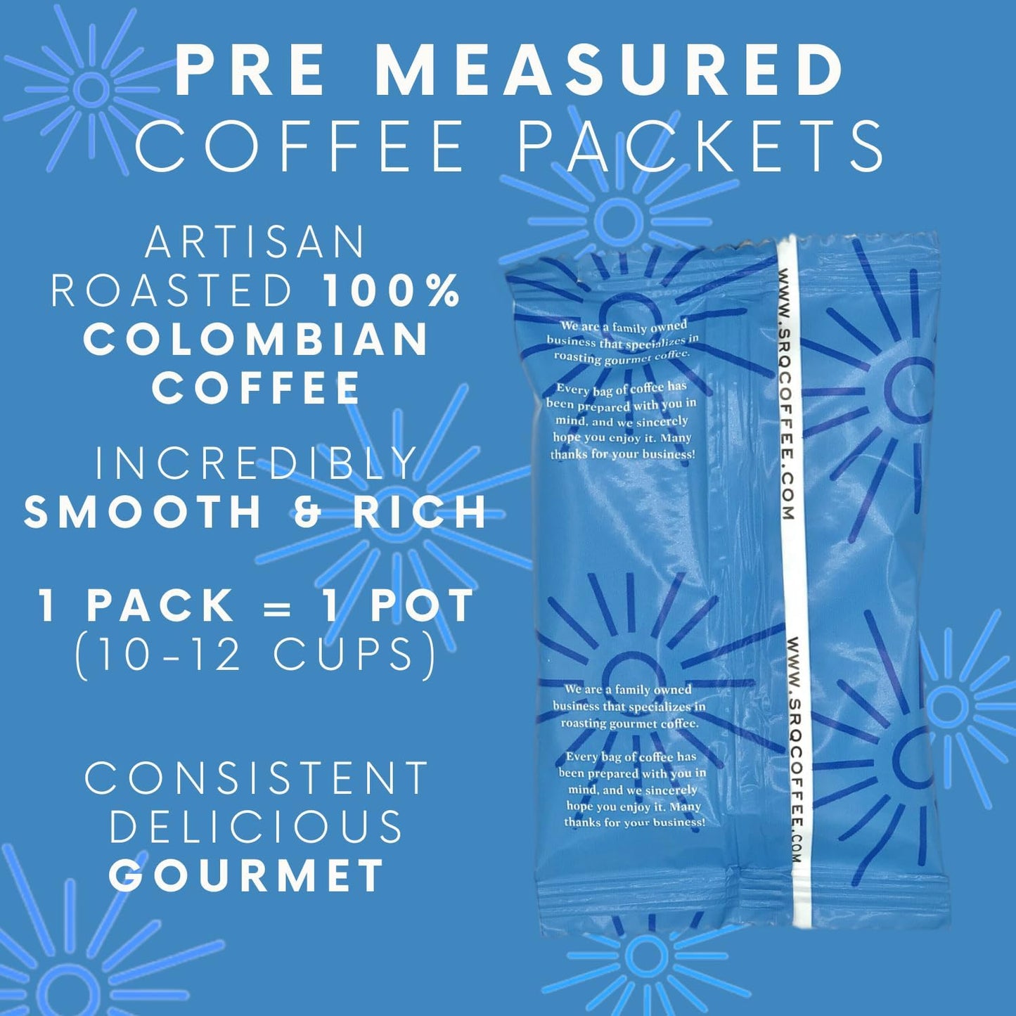 Sarasota Coffee Ground Packets | Colombian Medium Roast | Bulk Packs | Gourmet Columbian Low Acid Mold Free Singles Individual Pouches for 12 Cup Coffee Maker | 1.75 Ounce Bags, 100 Count