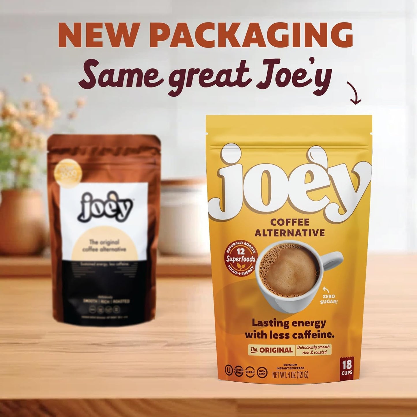Joe'y Mushroom Coffee Alternative with Cacao and Dandelion Root, Chicory Coffee Substitute with Adaptogenic Superfoods, Vegan Gluten-Free Drink for Focus and Clean Energy without Jitters, 18 Servings
