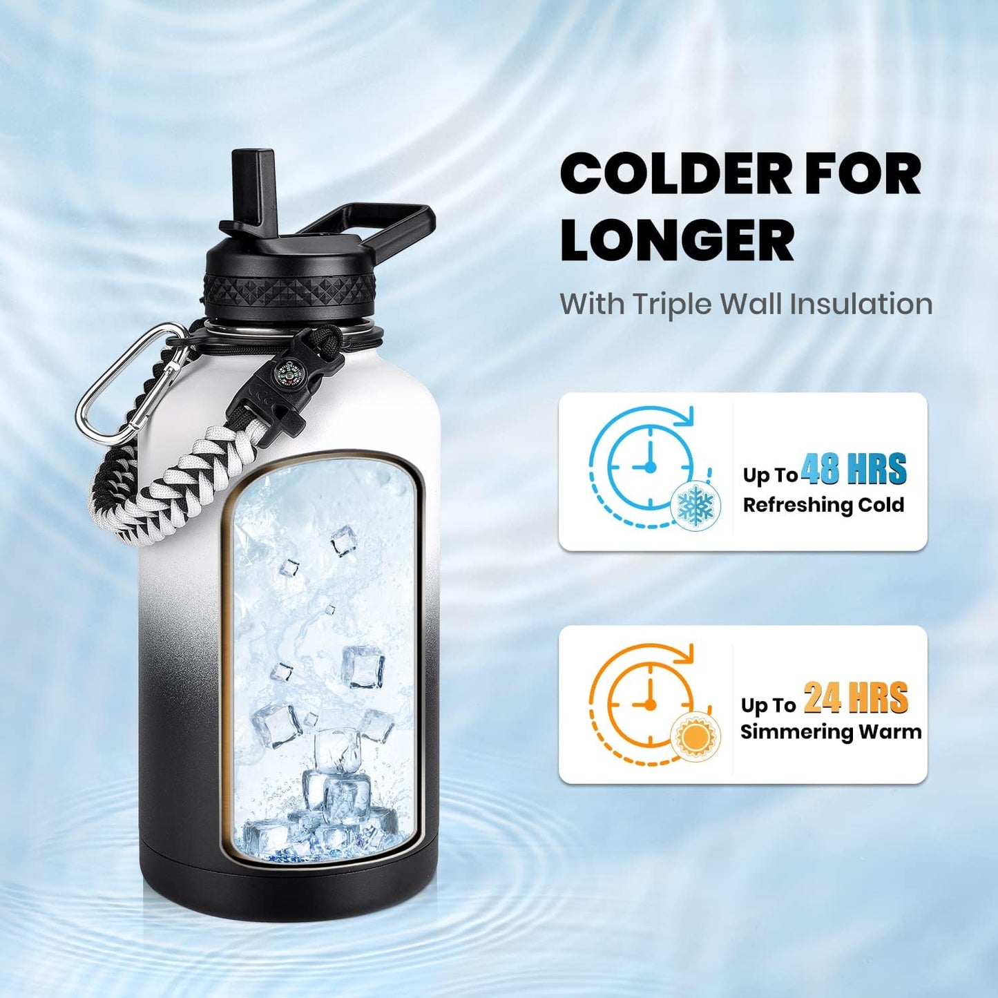 Insulated Water Bottle 64 oz, Triple Wall Vacuum Stainless Steel (Cold for 48 Hrs), Leak Proof & Non-BPA, Half Gallon Water Flask Jug with Paracord Handle & Straw Spout Lids, White/Black