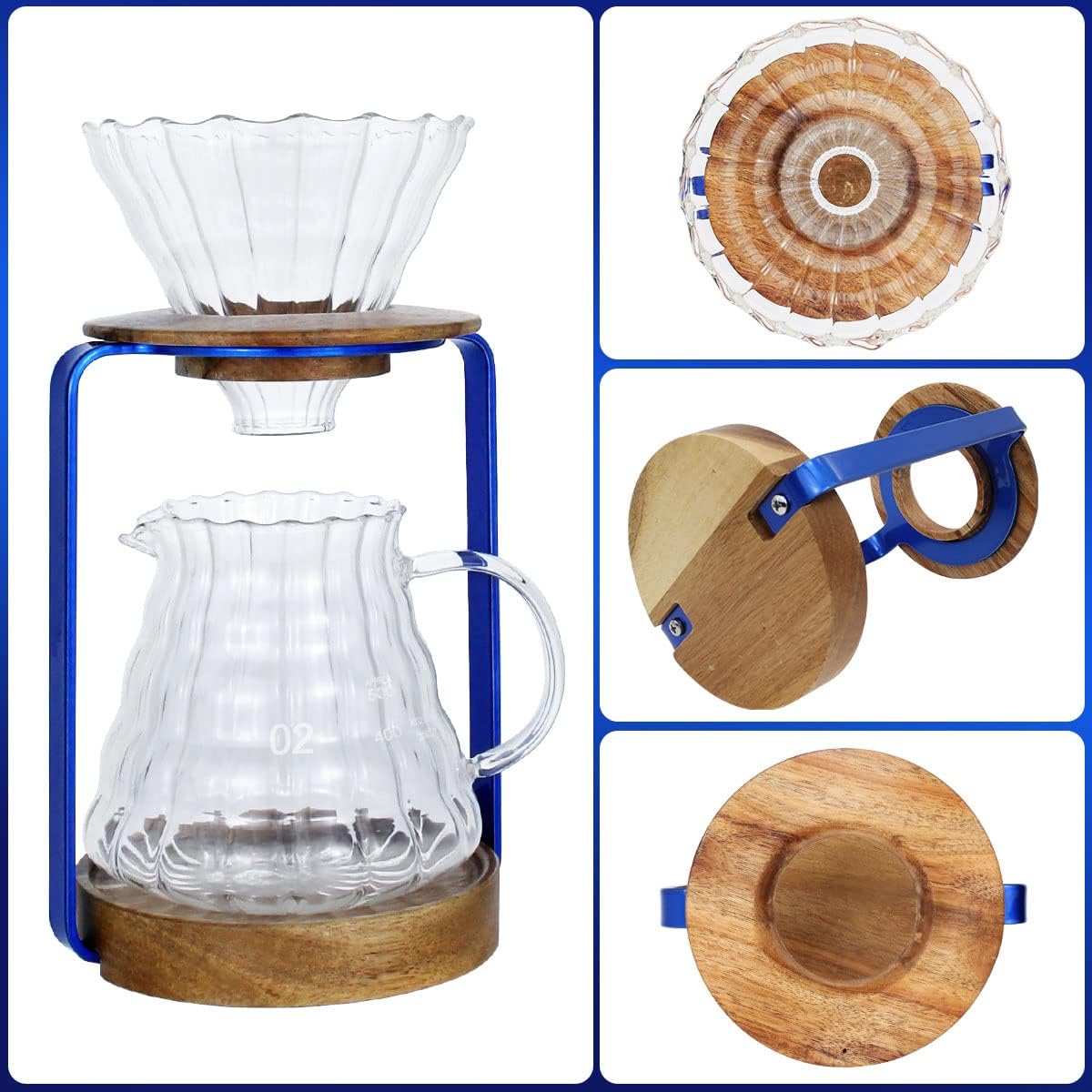 SOTECH Pour Over Coffee Dripper Stand with Metal Stand Wooden Filter Holder Glass Server with Paper Coffee Filters, Coffee Maker Stand Set for Coffee Tea and Saffron