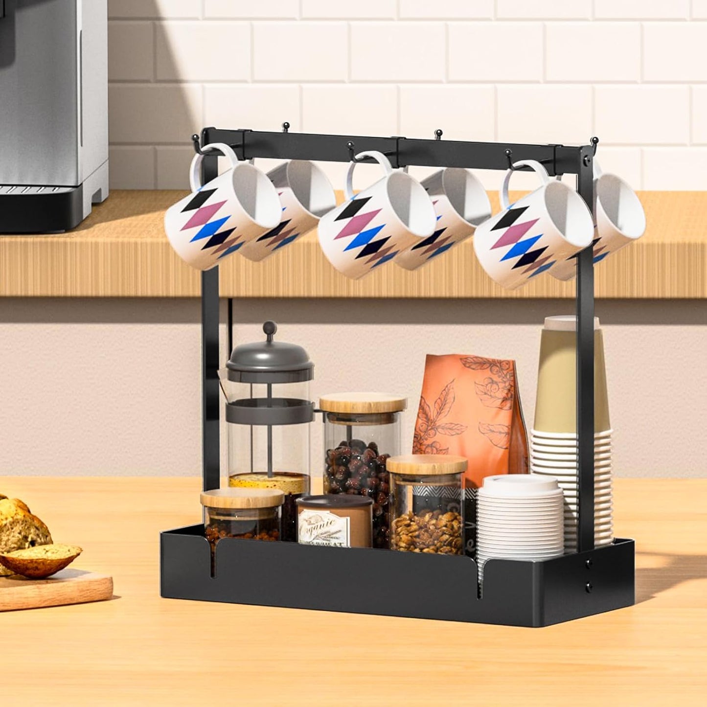 RCHYFEED Coffee Mug Holder Organizer with Movable Hooks, Coffee Cup Holder for Countertop, Metal Coffee Mug Tree Stand with Storage Basket, Cups Mug Rack for K Cup Pod Coffee Bar Kitchen, Black