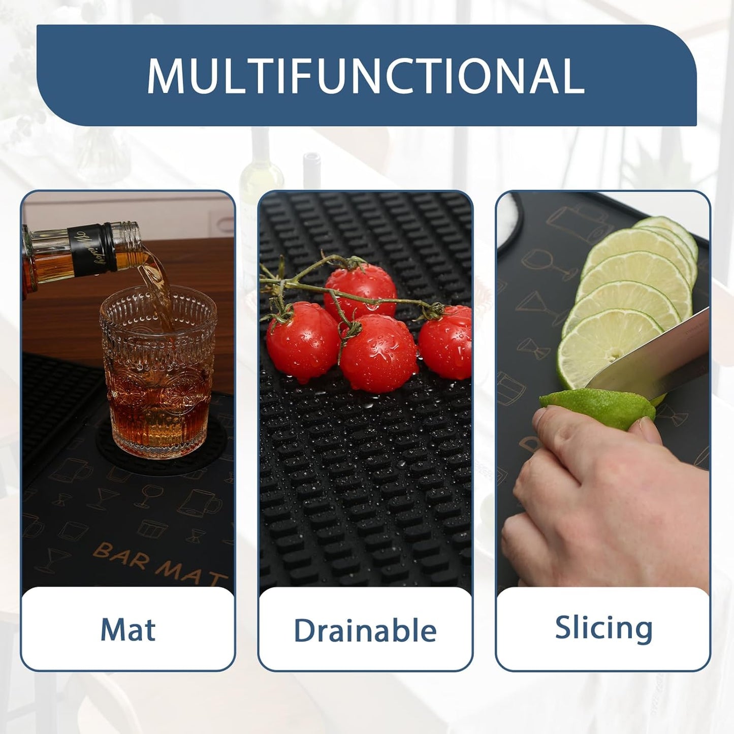 Foldable Bar Mat 18x12 inch - 3-in-1 Silicone Drying Mat with Removable Cutting Board & Rim Tray | Countertop Protector for Home, Outdoor, Travel | Professional Cocktail Accessories (Black)