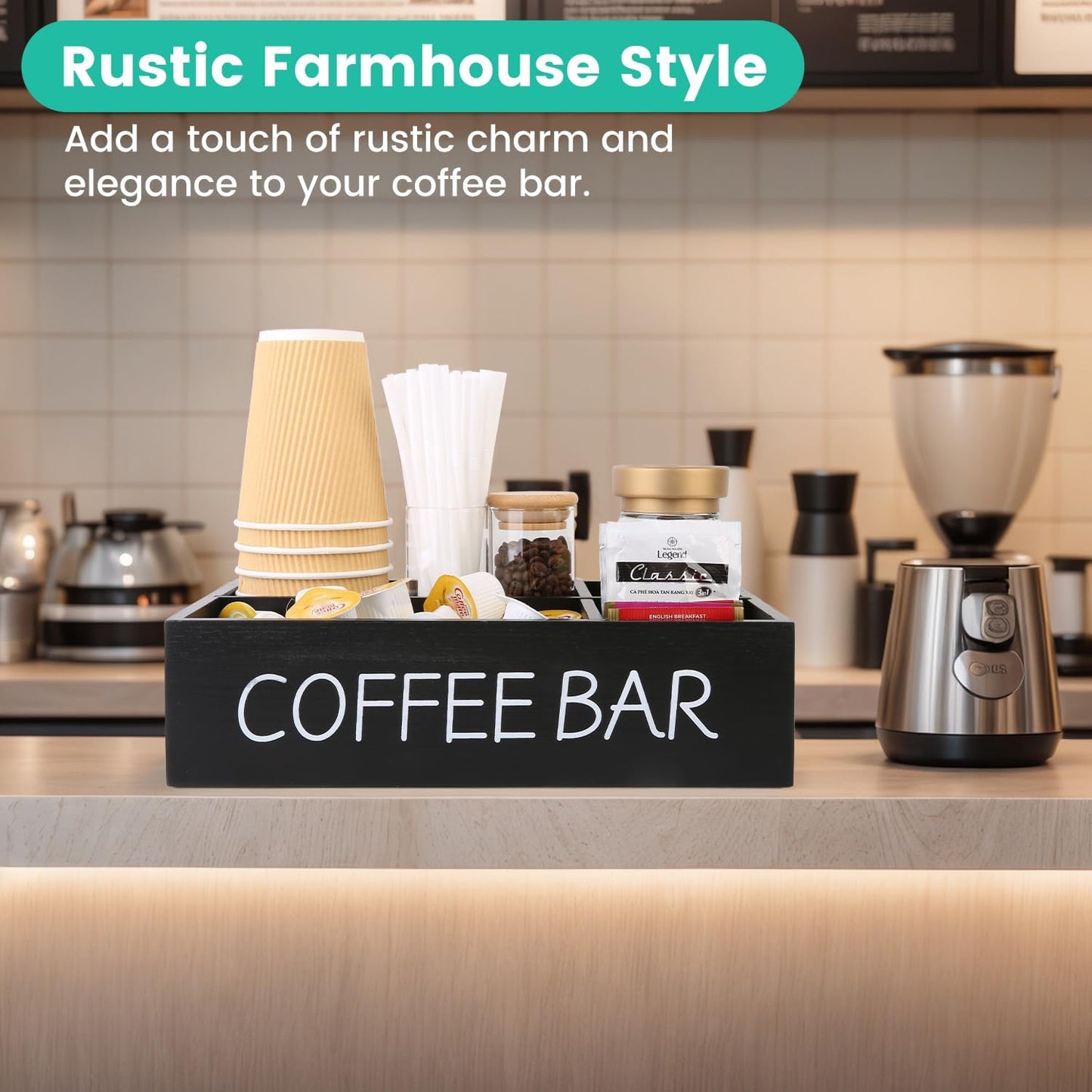 Coffee Bar Organizer – Wooden Coffee Station with 4 Compartments, Removable Dividers, and Condiment Storage for Home & Office