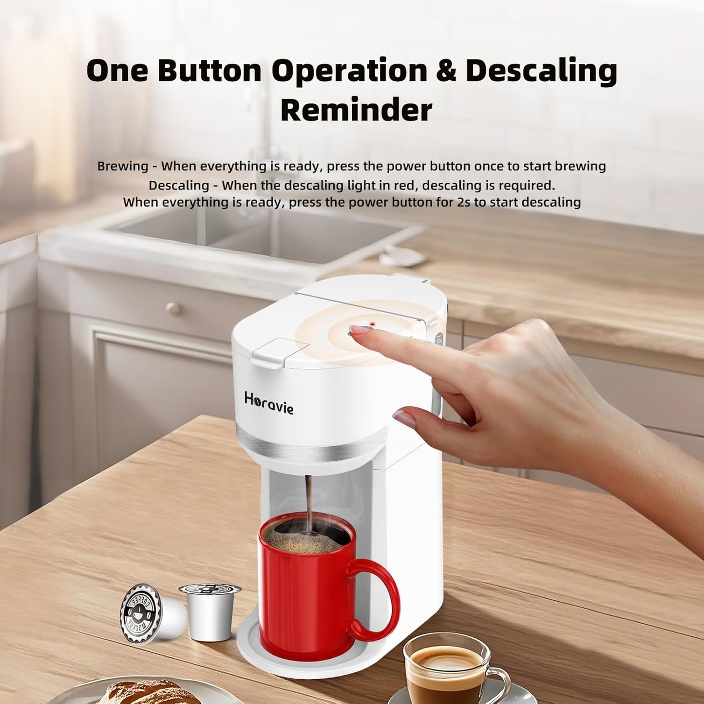 Mini Single Serve Coffee Maker for K Cup and Ground Coffee, Fast Brew One Cup Coffee Machine with Descaling Reminder and Water Window, 6 to 12 oz. Brew Sizes, White