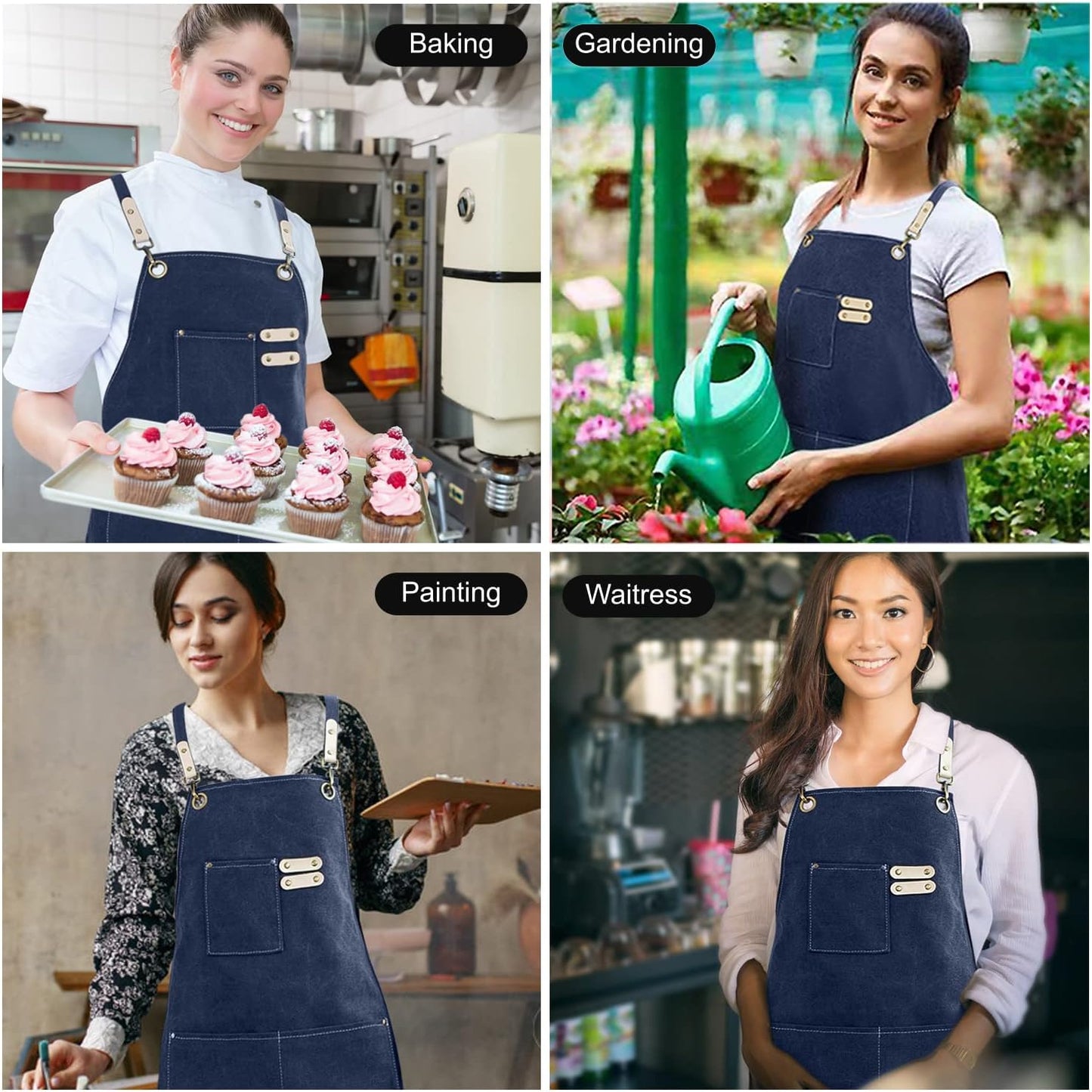 Cotton Canvas Cross Back Apron for Art Painting Garden Chef Bartender Work,Women Men 3 Pockets Waterproof Adjustable M-XXL