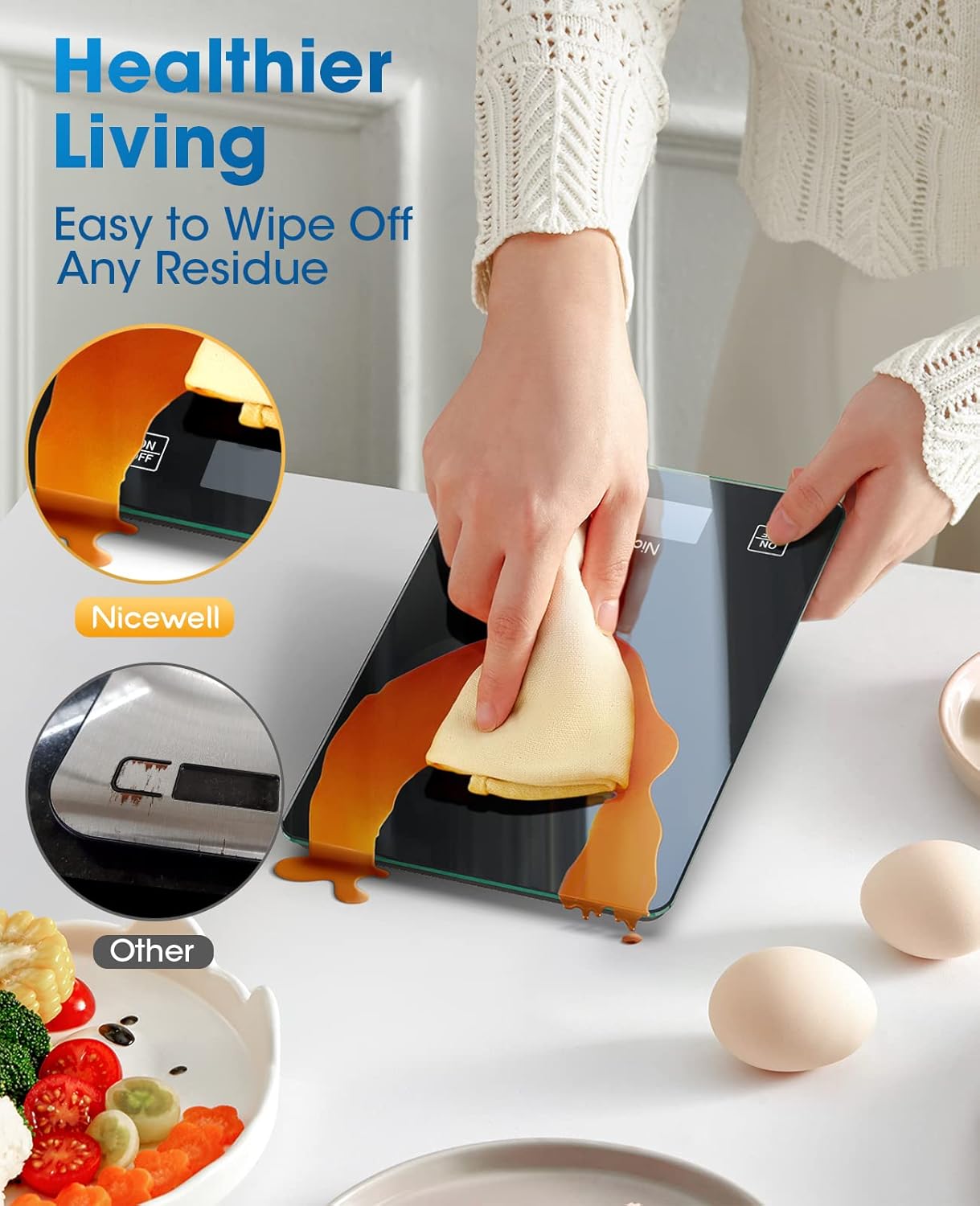 Nicewell Food Scale Digital Weight Grams and oz, 22lb Kitchen Scale for Cooking Baking, 1g/0.1oz Precise Graduation, Sleek Tempered Glass Platform (Black)