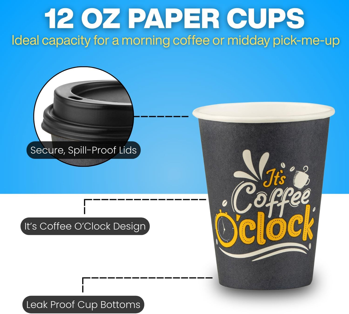 Smygoods Disposable Coffee Cups with Lids, To Go Paper Hot Cups, Coffee O'Clock Design (12 OZ, 100 Count) For Hot Beverages, Coffee, Tea, Espresso, Cocoa - Vasos Para Cafe