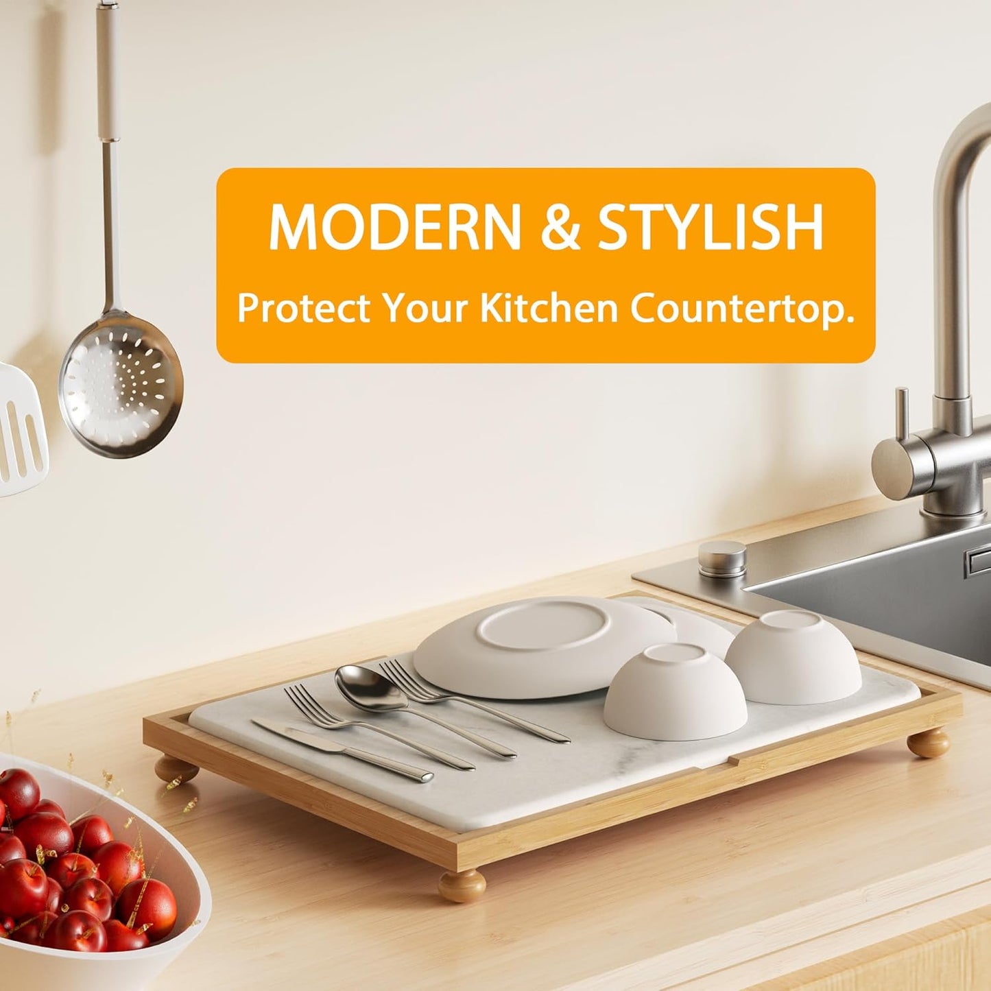 Golener Stone Drying Mat for Kitchen Counter, Dish Drying Pad with Bamboo Rack, Super Absorbent Diatomaceous Earth and Drying Rack, Multi-purpose Quick Drying Mat Rack for Kitchen,16”x12”,Marble White