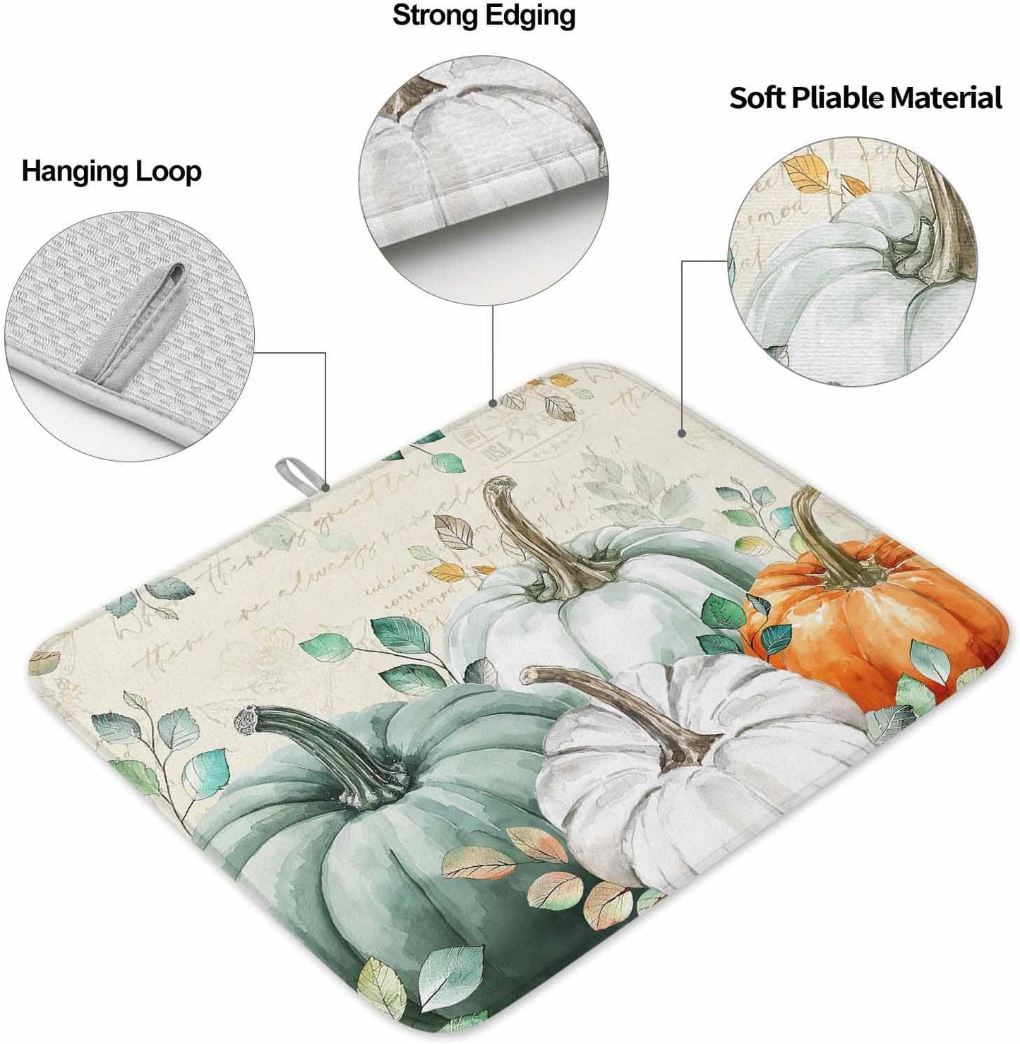 Fall Dish Drying Mat for Kitchen Counter Green Pumpkin Drying Pad Absorbent Drying Mats for Countertops Sinks Draining Racks Eucalyptus Leaves Drainer Holiday Harvest Thanksgiving Decorations 16x18