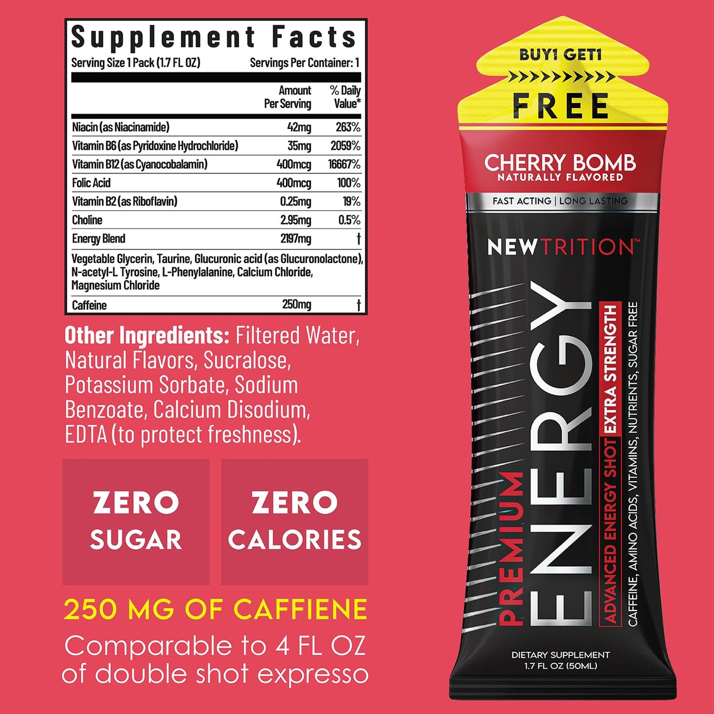 NewTrition® Extra Strength Energy Shots, 250mg Caffeine Energy Shots with Vitamin B & Amino Acids, Sugar-Free Vitamin Energy Shot, 1.7 fl oz (Pack of 6, Cherry Bomb)
