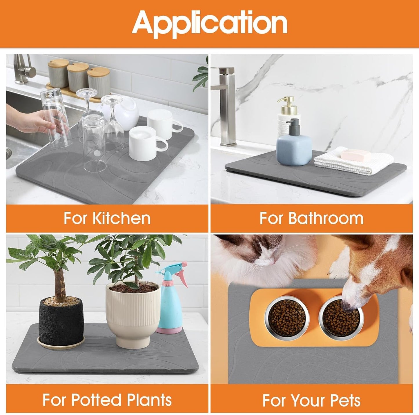 2 Pack Stone Dish Mat for Kitchen Counter, Dirt-Resistant Quick Drying Fast Absorbent Non-Slip Diatomite Mat, Natural Diatomaceous Earth Dish Drying Pad (Dark Grey)