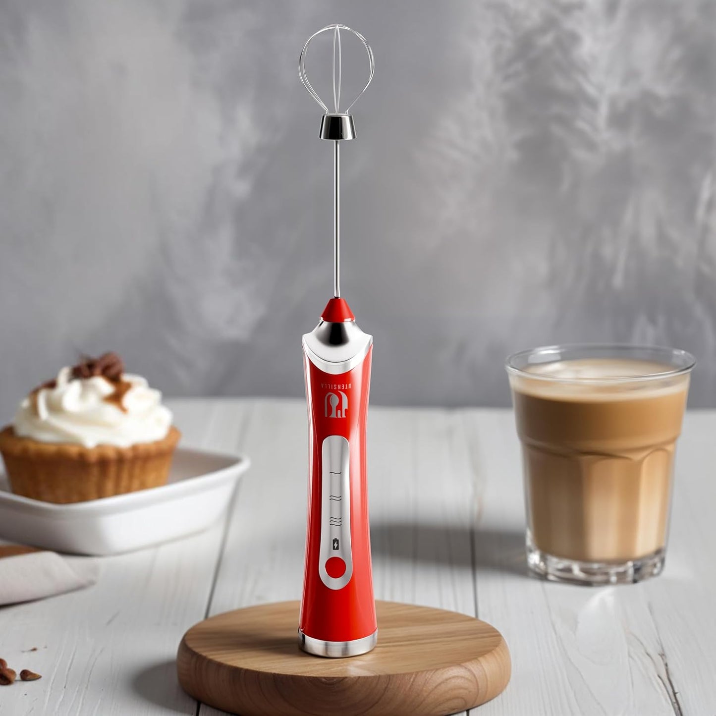 Rechargeable Handheld Milk Frother - Electric Foam Maker - Portable Coffee Frother Wand with 2 Heads - Stainless Steel Electric Whisk for Coffee, Latte, Cappuccino, Macchiato, Hot Chocolate (Red)