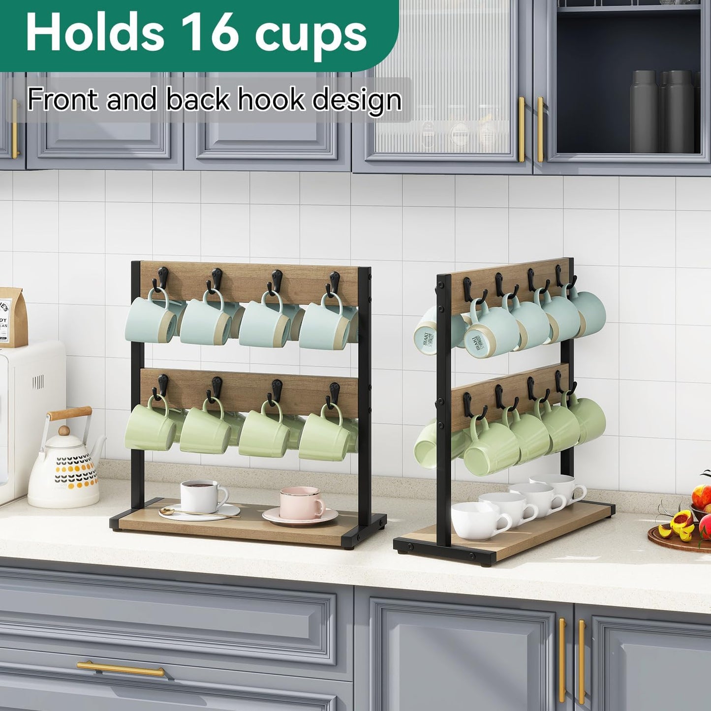 IBUYKE Wood Coffee Mug Holder for Countertop,16 Hook Mug Tree Holder Rack with Storage Base,Mug Display Organizer,Mug Holders for Home Kitchen,Greige UTBJ001Y