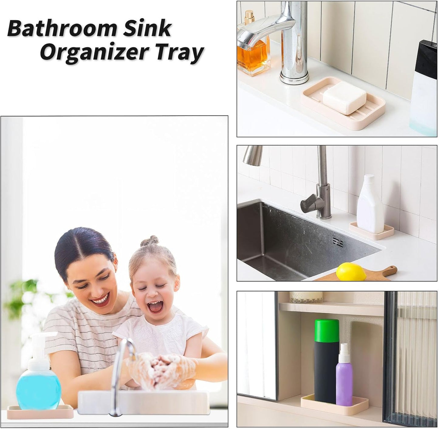 Silicone Kitchen Sink Organizer Tray for Multiple Usage,Easy Clean Sponges Holder for Kitchen Bathroom Counter or Sink,Dish Soap Dispenser,Scrubber,Bottle,Cup Tapioca 4.9”x 3.2”