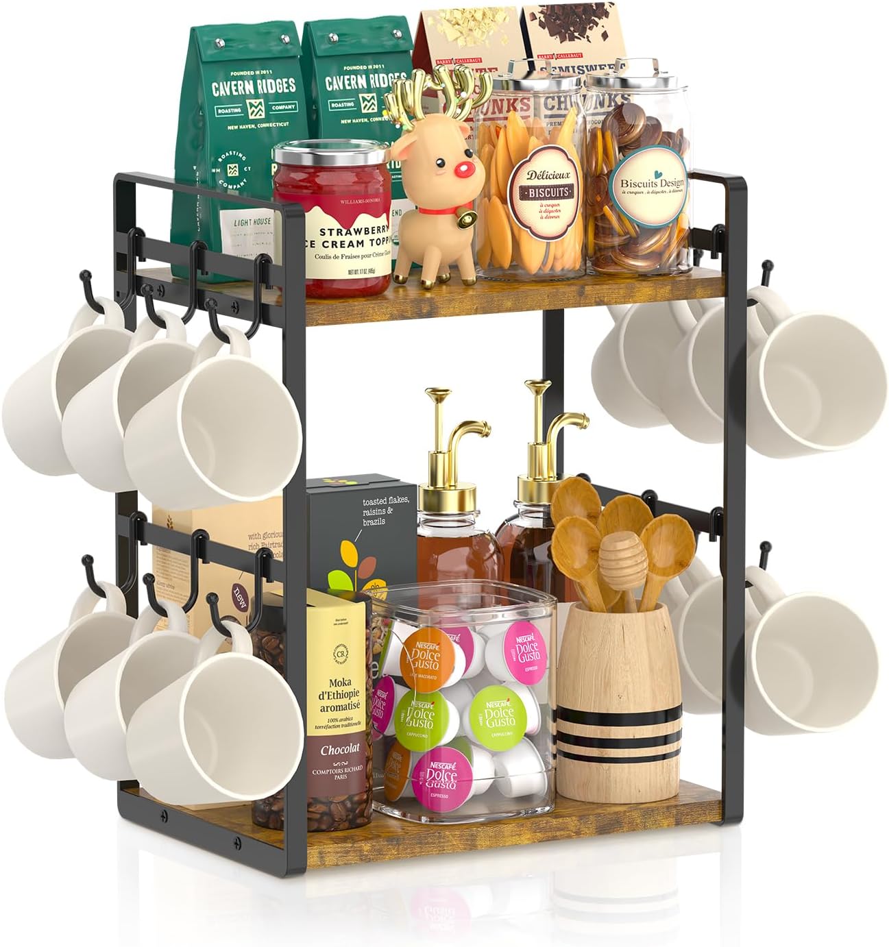 EsLuker.ly 2 Tier Coffee Mug Holder Station Bar Organize Countertop, Mug Cup Tree Rack for Kitchen Office, Storage Shelf with 12 Removable Hooks, Creat Stylish Coffee Corner
