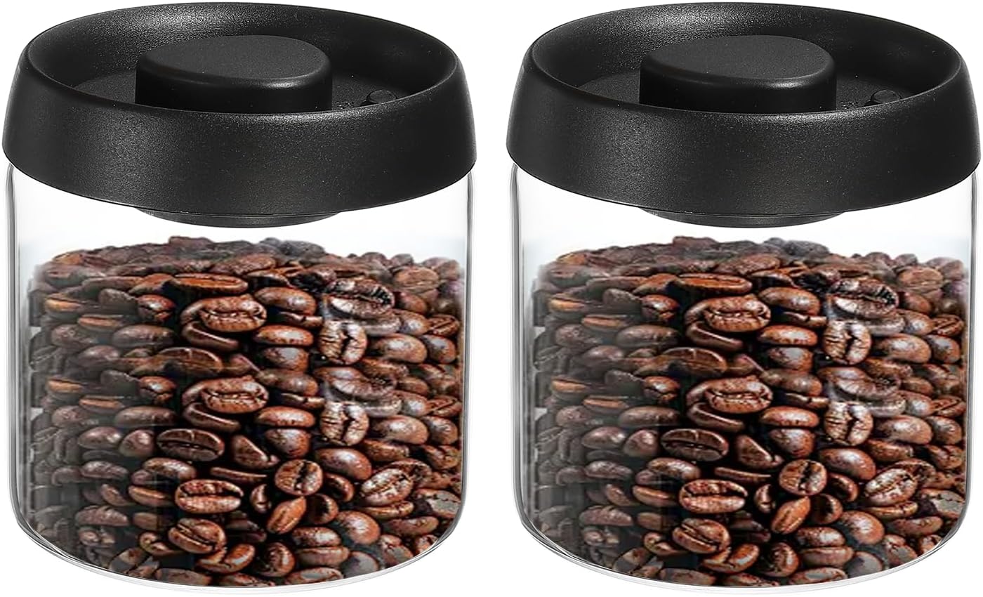 uxcell 2pcs Coffee Vacuum Container, 500ml/17oz Glass Coffee Bean Storage Container with Lids for Spices Biscuits Loose Leaf Tea, Black