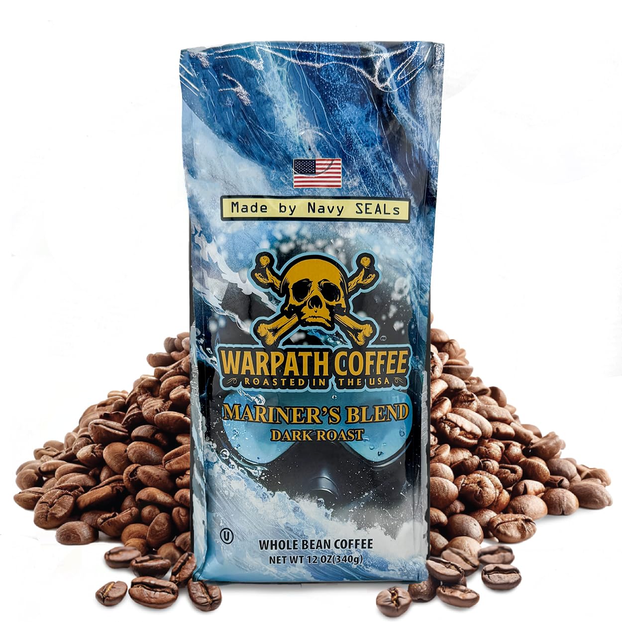 Warpath Coffee Dark Roast Whole Bean Coffee, Mariner's Blend, High Caffeine, Extra Strong Roasted 100% Arabica Coffee Beans Whole, Rich Aroma, Full-Bodied Intense Cup, Created by Navy SEALs, 12oz