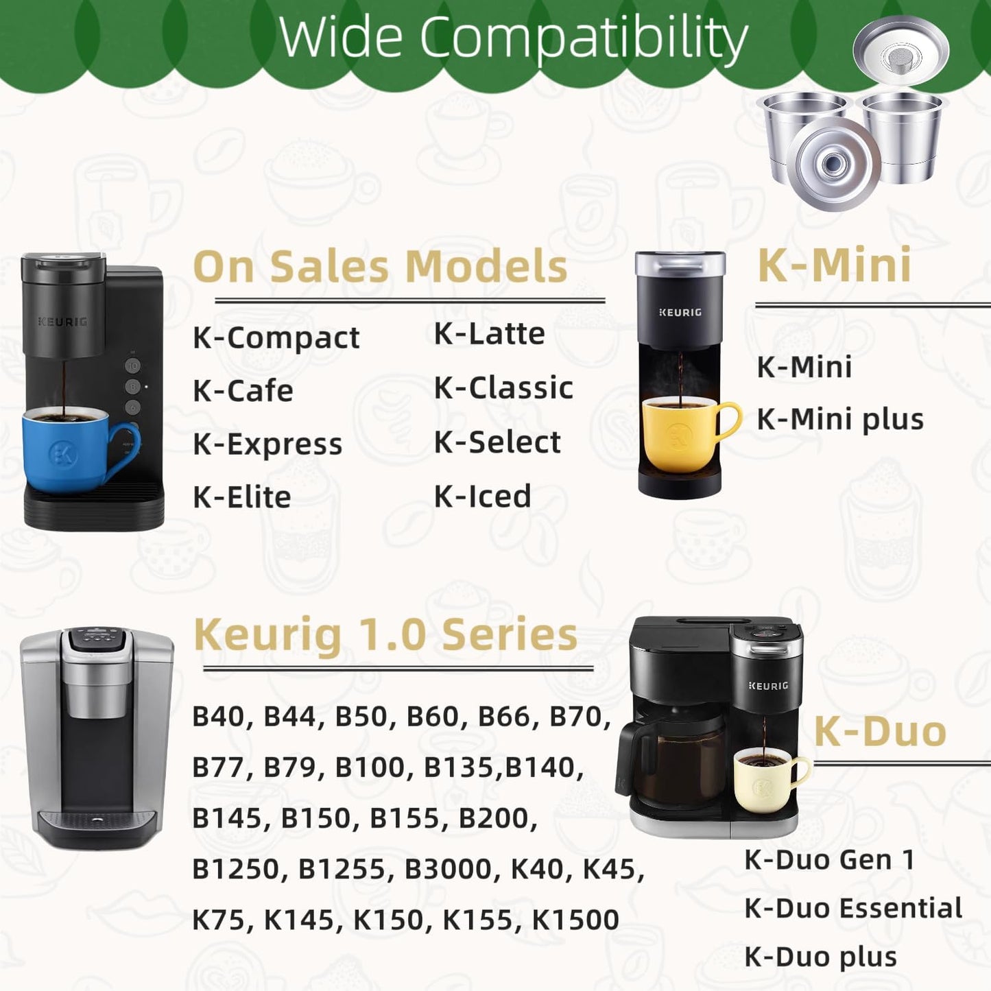 6 Pack Reusable K Cups with Stainless Steel Scoop – 304 Stainless Steel Coffee Pods Compatible with Keurig 1.0, Eco-Friendly Refillable Filter Set