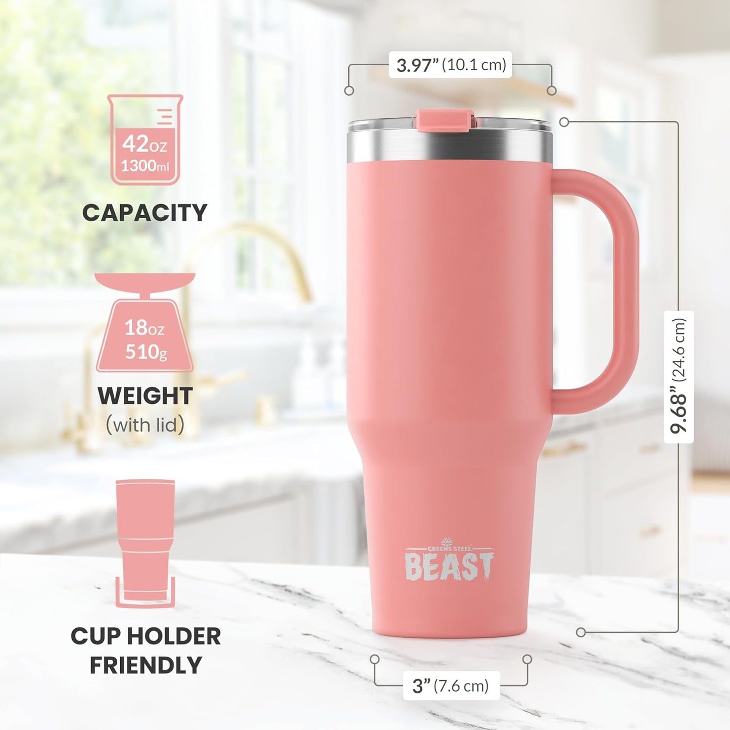 Beast 42 oz Tumbler Stainless Steel Vacuum Insulated Coffee Ice Cup Double Wall Travel Flask (Blossom Pink)