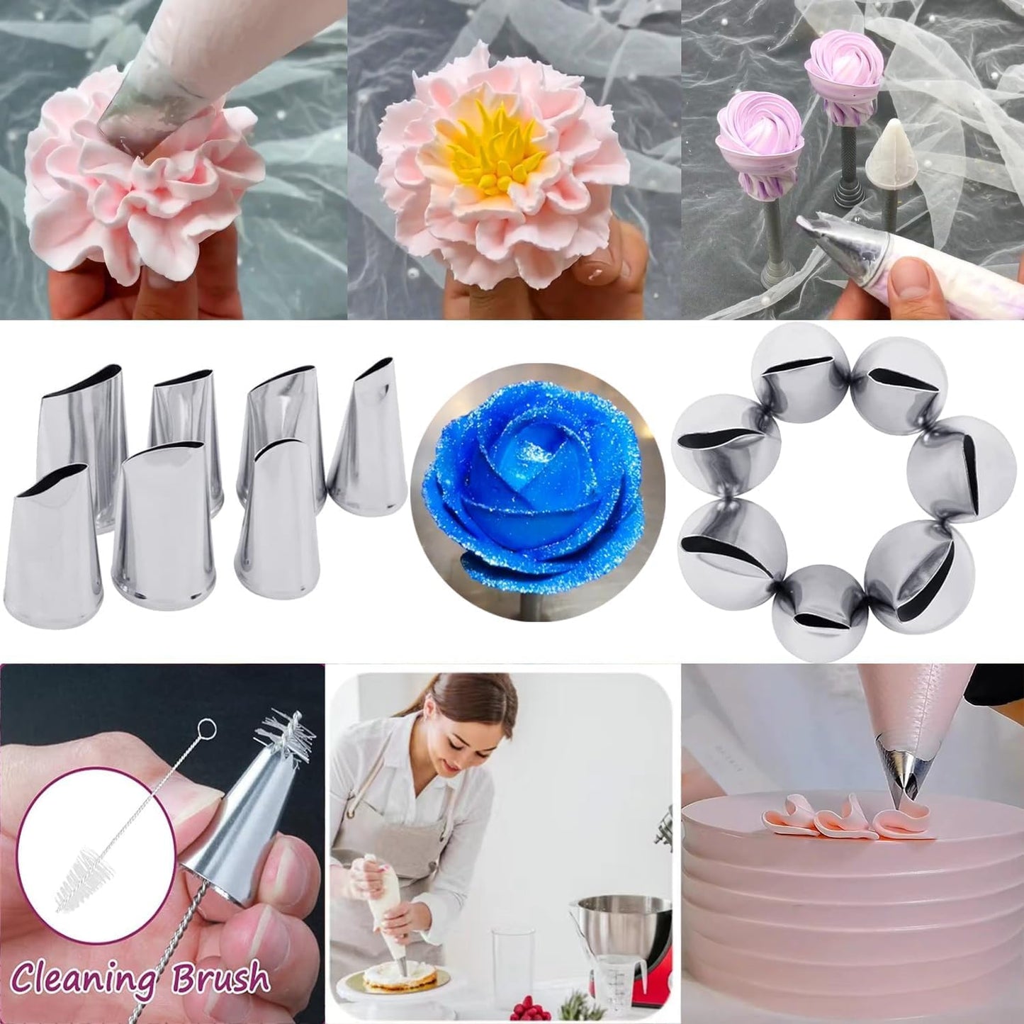 8 Pcs Rose Flower Piping Tips Set,Petal Icing Tips,PipingRose Nozzle,Stainless Steel Cake Decorating Pastry Tools, for CakeDecorating,with A Cleaning Brush (Rose-8pcs)