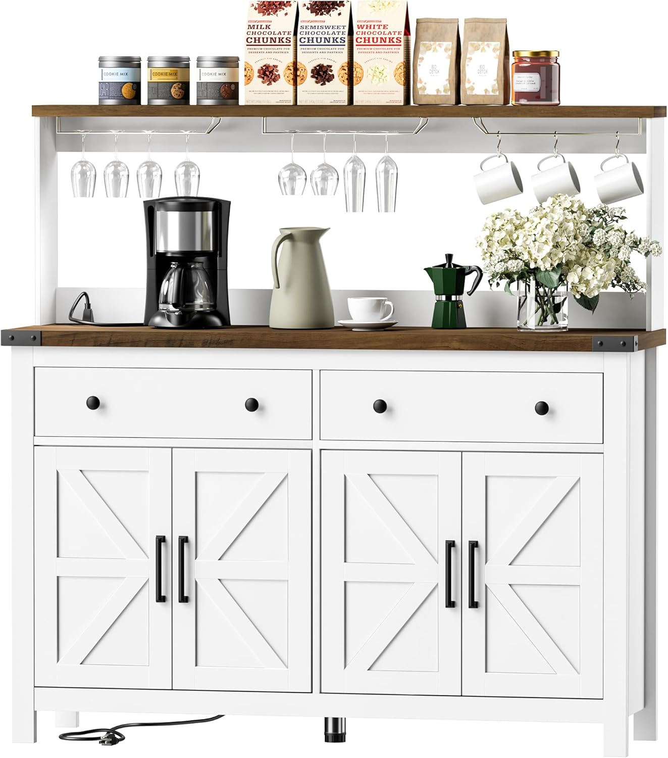 Hutch Storage Cabinet Buffet with Drawers, and Charging Station, Coffee Bar Cabinet with Barn Doors, Wine Rack and Hooks, Countertop, Long Farmhouse, White, for Kitchen, Dining Room, 54.1" High