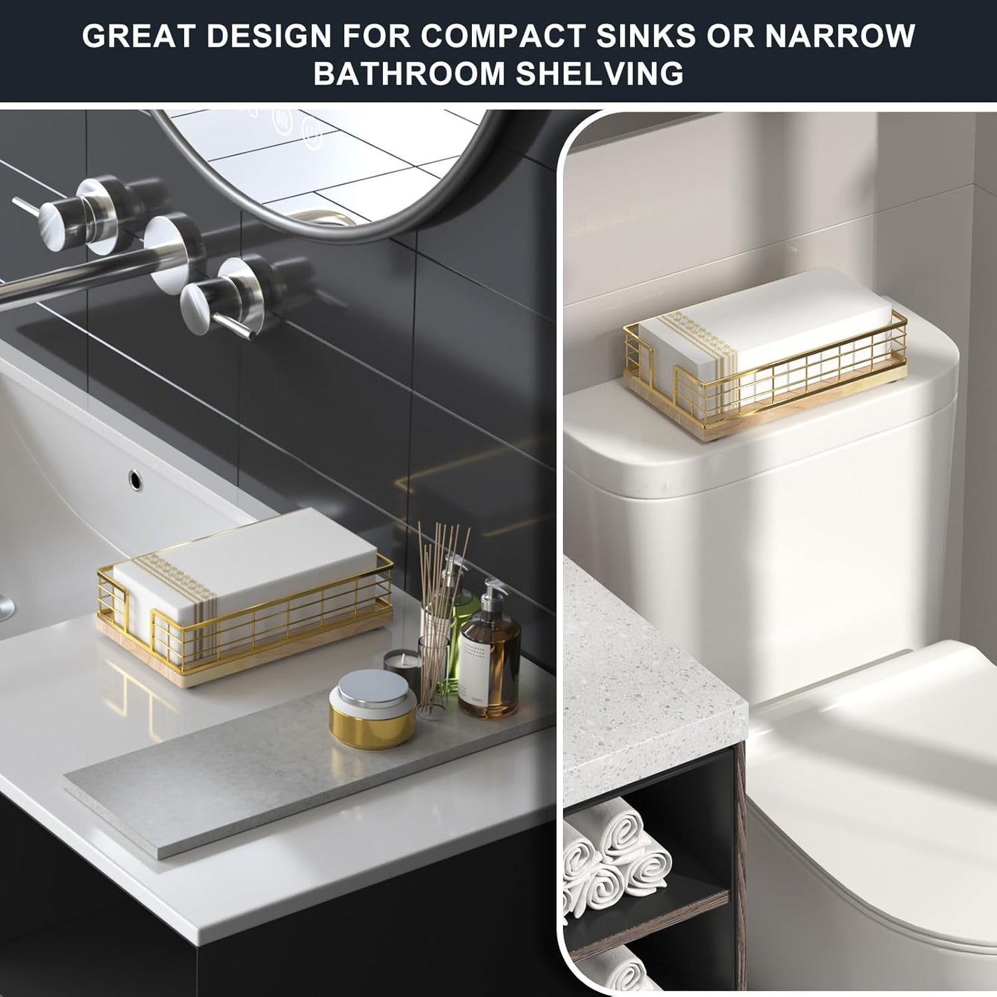 Wican Guest Towel Holder Tray for Bathroom, Oak and Iron Napkins Holder for Powder Room Dinning Table Wooden Basket for Disposable Paper Hand Towels Gold and Oak