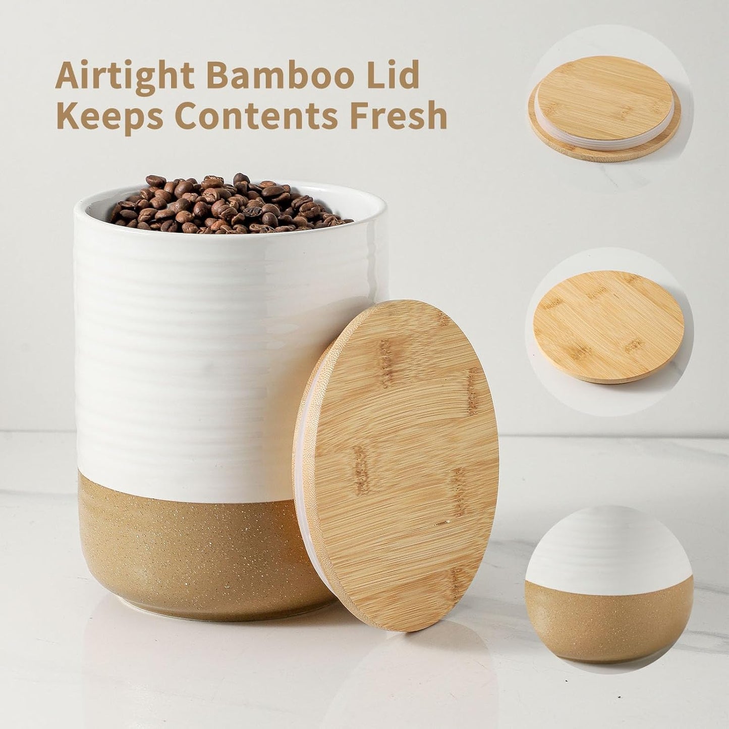 Hasense 80oz White Ceramic Food Storage Jar with Bamboo Lid – 7.5 Inch Minimalist Kitchen Canister for Pantry, Dry Goods, Sugar, Tea, Flour – Airtight Wide Mouth Container with Natural Base