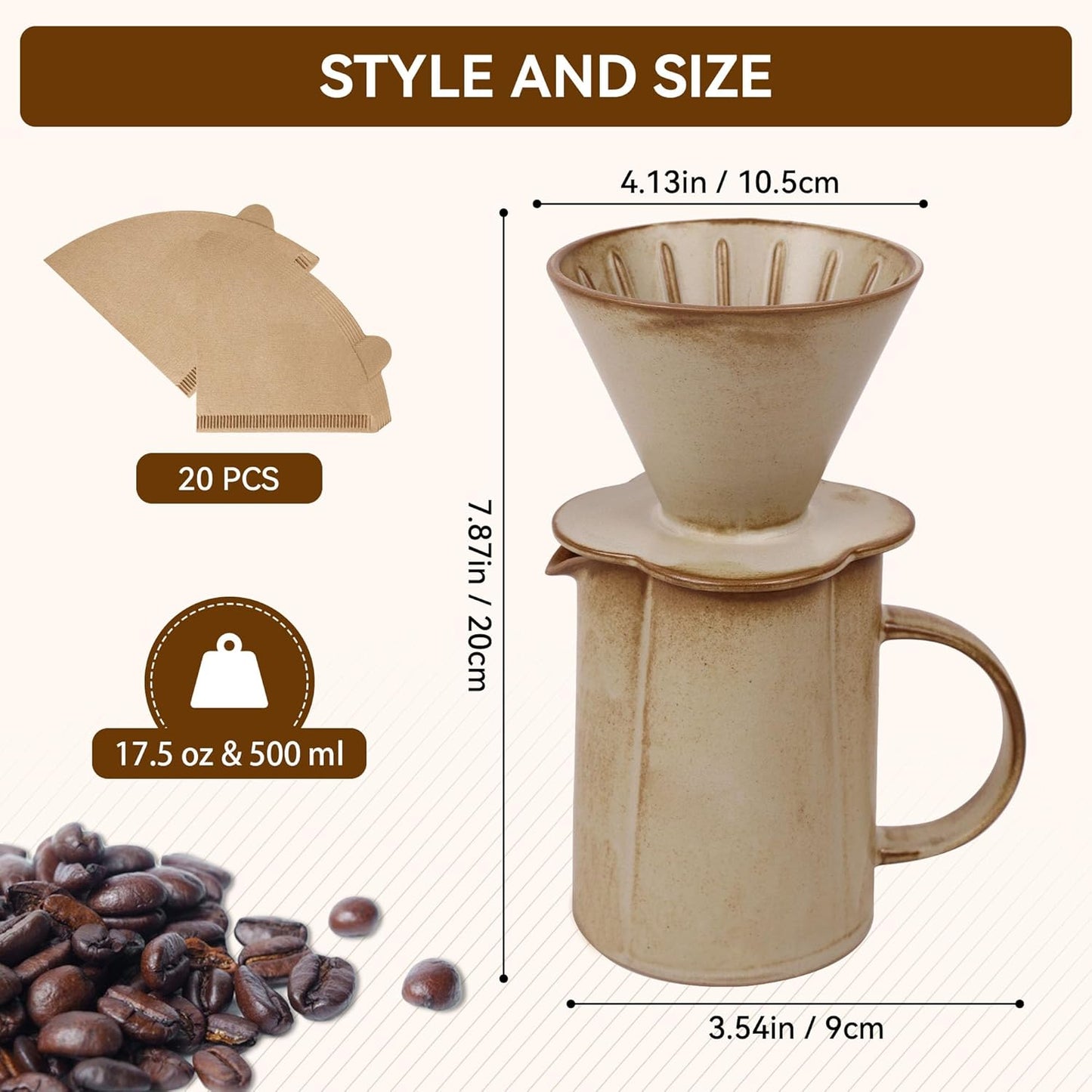 AZYM Pour Over Coffee Maker Set,V60 Coffee Dripper with 20 Count Paper Coffee Filters,Four-Leaf Clover-Shaped Drip Coffee Maker,Vintage Ceramic Carafe,for Home Brewing,Camping,17.5 oz (Yellow)