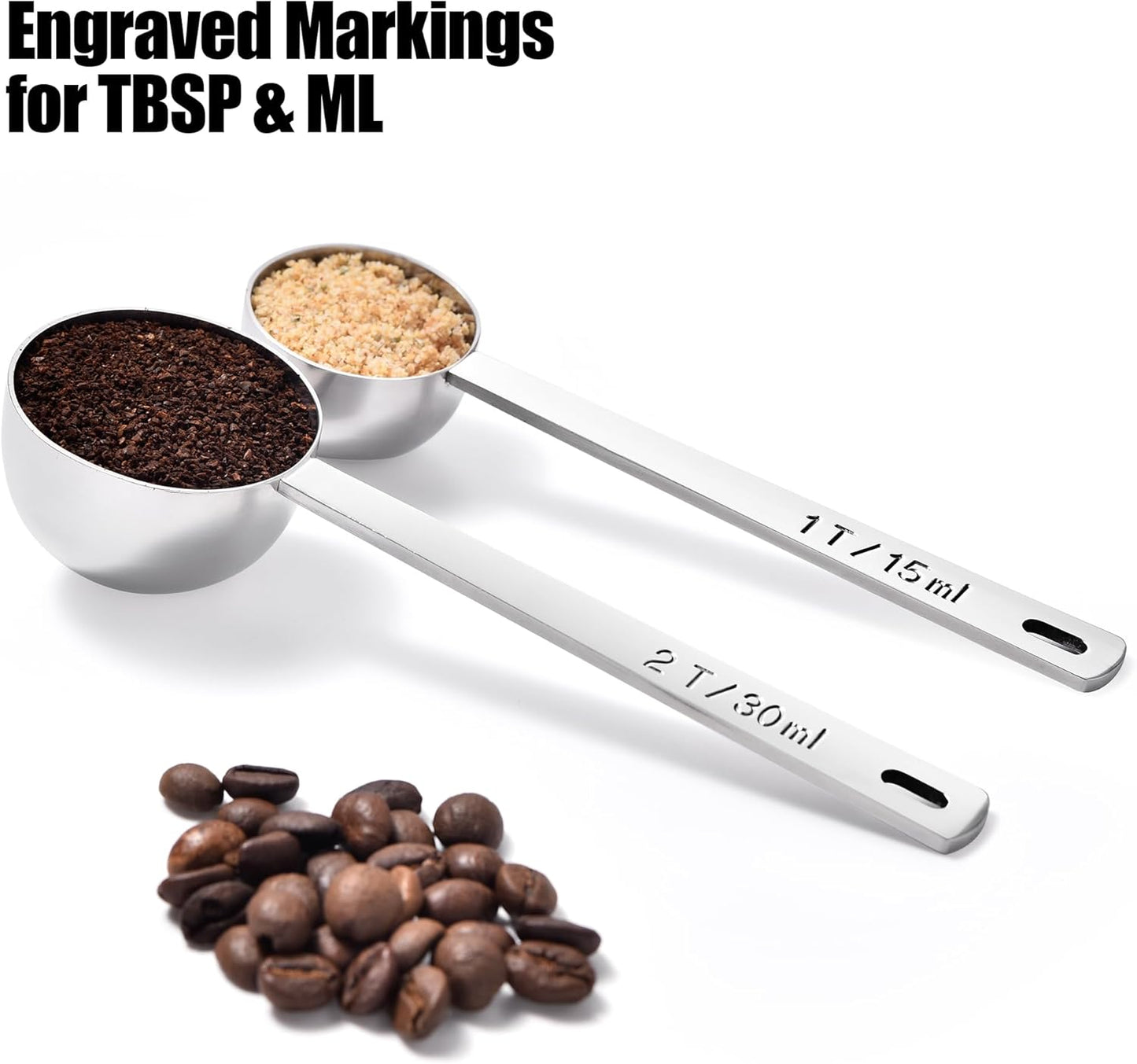 18/8 Stainless Steel Coffee Scoops, Doosu Food-Grade Metal Measuring Spoon with 4.3in Long Handle, Tablespoon Scooper for Coffee Beans, Ground Coffee, Protein Powders, Tea, Sugar (1 & 2 Tbsp)