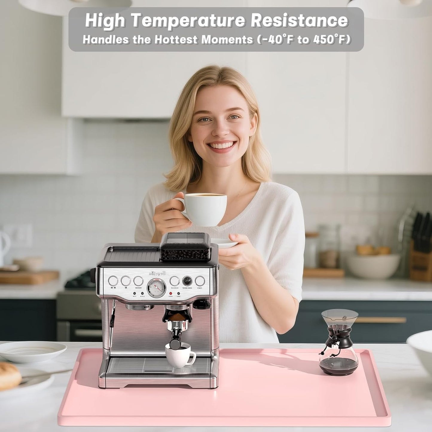 Rnivvi Silicone Coffee Mat, 16" x 24" Waterproof Raised Edge Coffee Bar Mats for Espresso Machine Station Accessories, Heat Resistant Dish Drying Pad for Kitchen Counter, Rubber Bar Decor Pad, Pink