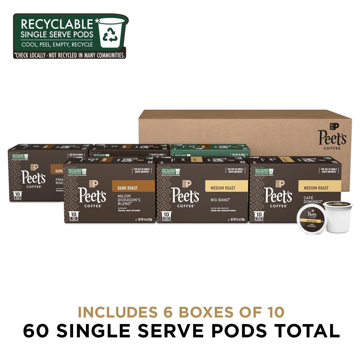Peet's Coffee, Single Serve Coffee Pods Variety Pack - Major Dickason's Blend, Big Bang, French Roast, Café Domingo, Organic Alma De La Tierra, House Blend, 60 Count (6 Boxes of 10 Pods)