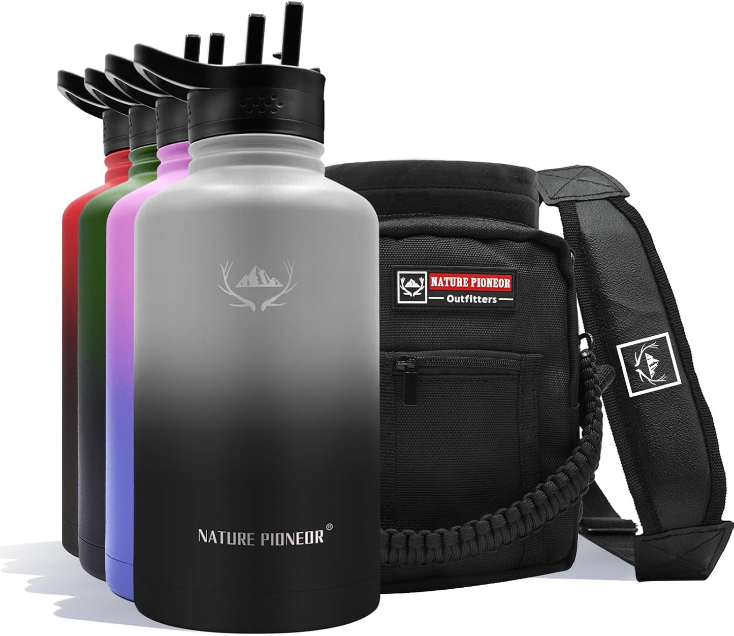 NATURE PIONEOR Insulated Water Bottles with Straw - 64oz Stainless Steel Vacuum Bottle with Holder/Carrier/Sleeve - Reusable 18/8 Food Grade Half Gallon Water Jug