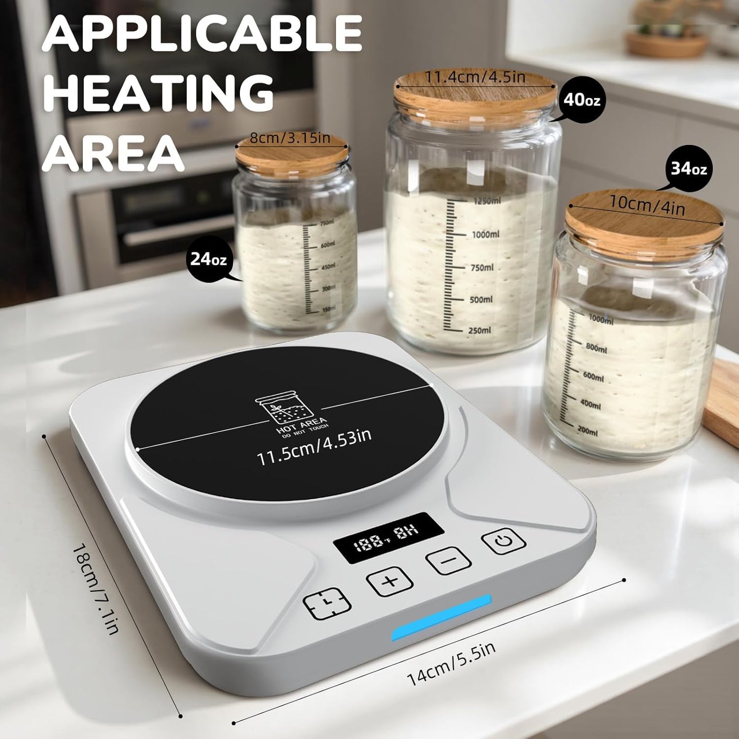 Sourdough Starter Warmer Mat - 24H Timer - Precise 1°F Thermostat Control (70-100°F) - Smart Memory Warming On/Off - Fits Jars Up to 40oz - Perfect for Home Baking (White)