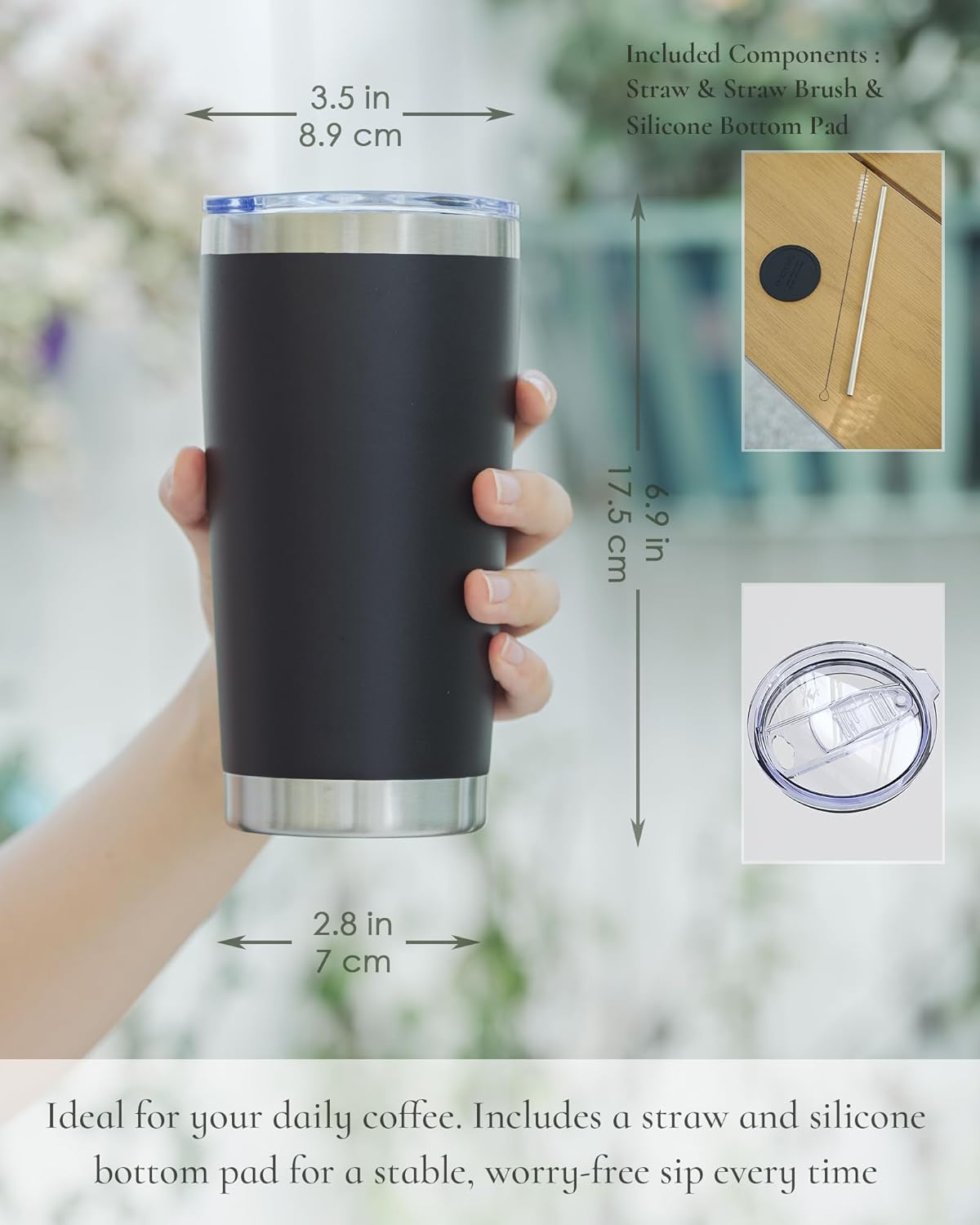 Travel Coffee Tumbler 20oz, 4 Pack Leakproof Travel Coffee Mug with Lid and Straw, Stainless Steel Double Wall Vacuum Insulated Tumbler for Hot/Iced Drinks (Textured Matte, Black)