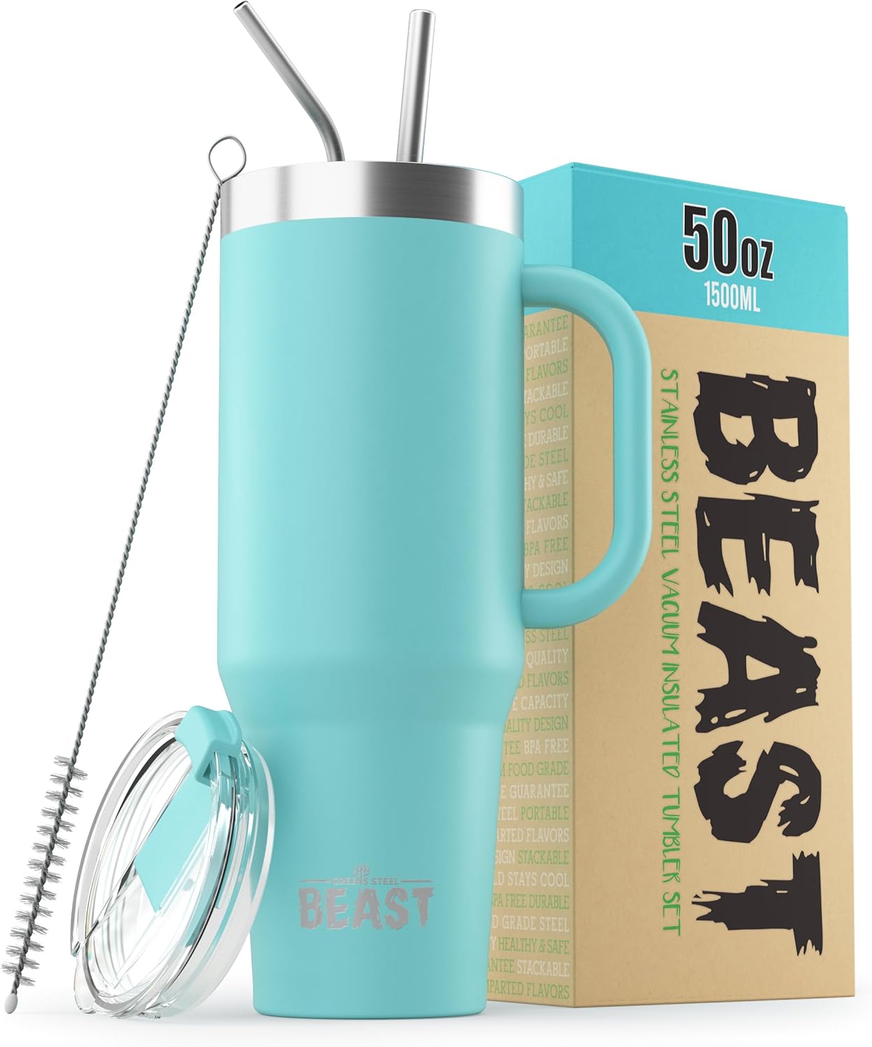 Beast 50 oz Tumbler Stainless Steel Vacuum Insulated Coffee Ice Cup Double Wall Travel Flask (Aqua Blue)