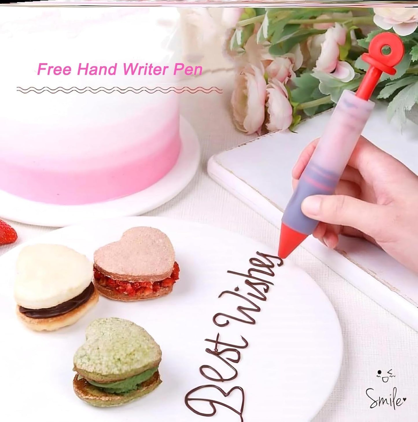 Cake Decorating Pen Dessert Decorating Tool, Silicone Food Syringe Cylinder with 4 Heads Cookie Icing Piping Nozzles Used for Chocolate Jam, Lettering, Drawing, Cream (5 pack)