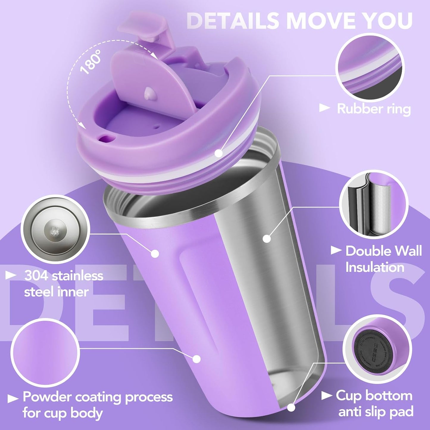 Volhoply 12 oz Double Wall Insulated Vacuum Travel Coffee Mug with Flip Lid Bulk 8 Pack,Reusable Stainless Steel Leak Proof Coffee Cup,Portable Cafe Thermal Tumblers for Hot&Cold Drinks(Purple,8 Set)