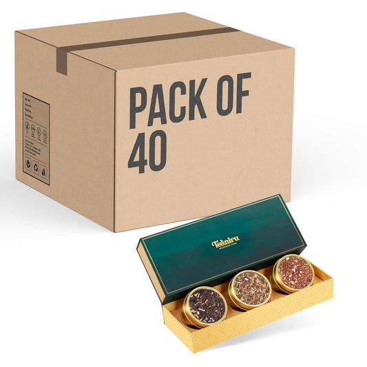 Teaniru, Grandeur Tea Collection – Pack of 40 | Loose Leaf Tea Sampler Gift | 3 Flavored Tea - Black, Herbal & Green Tea | Loose Leaf Tea Gift Set for Corporate Gifting