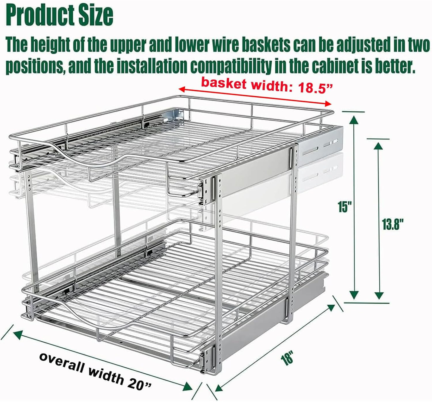 DINDON 2 Tier Pull Out Cabinet Organizer (20" W X 18" D), Double Tier Wire Basket Slide Out Shelf Storage for Kitchen Base Cabinet Organization for Kitchen, Pantry, Bathroom, Chrome