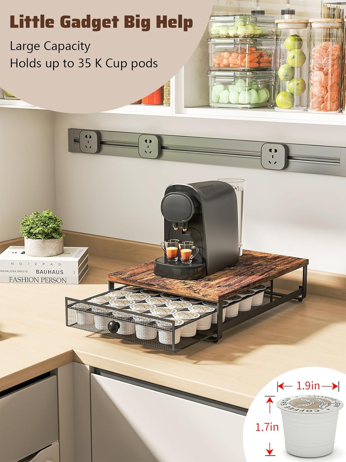 K Cup Organizer, Coffee Pod Holder Rack, Under Cabinet Pod Holder with Sliding Drawer holds up to 35 K-Cup Pods, No Assembly Needed, Rustic Brown