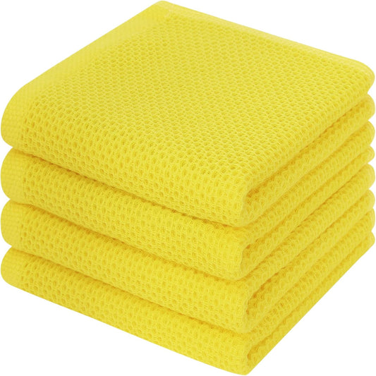 Kitinjoy 100% Cotton Waffle Weave Kitchen Towels, 4-Pack Super Soft and Absorbent Dish Towels for Drying Dishes, Kitchen Hand Towels, 13 in x 28 in, Yellow