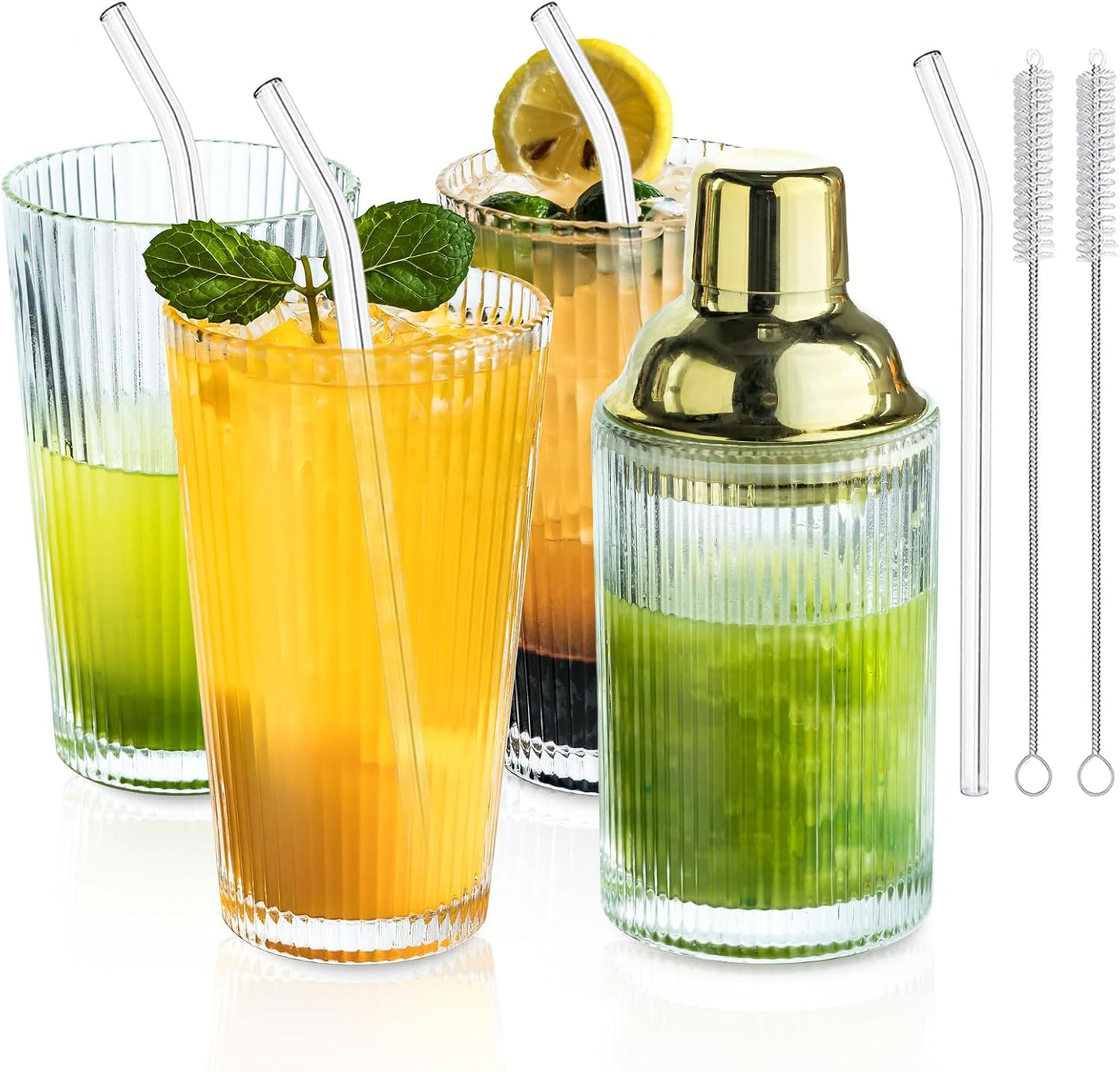 Glass Cocktail Shaker Set with Ribbed Glassware, Lids, and Straws - Elegant Bartender Kit for Whiskey, Cocktails - Dishwasher Safe, Perfect Home Bar Accessory (Glass Shaker + 3 Ribbed Glasses)