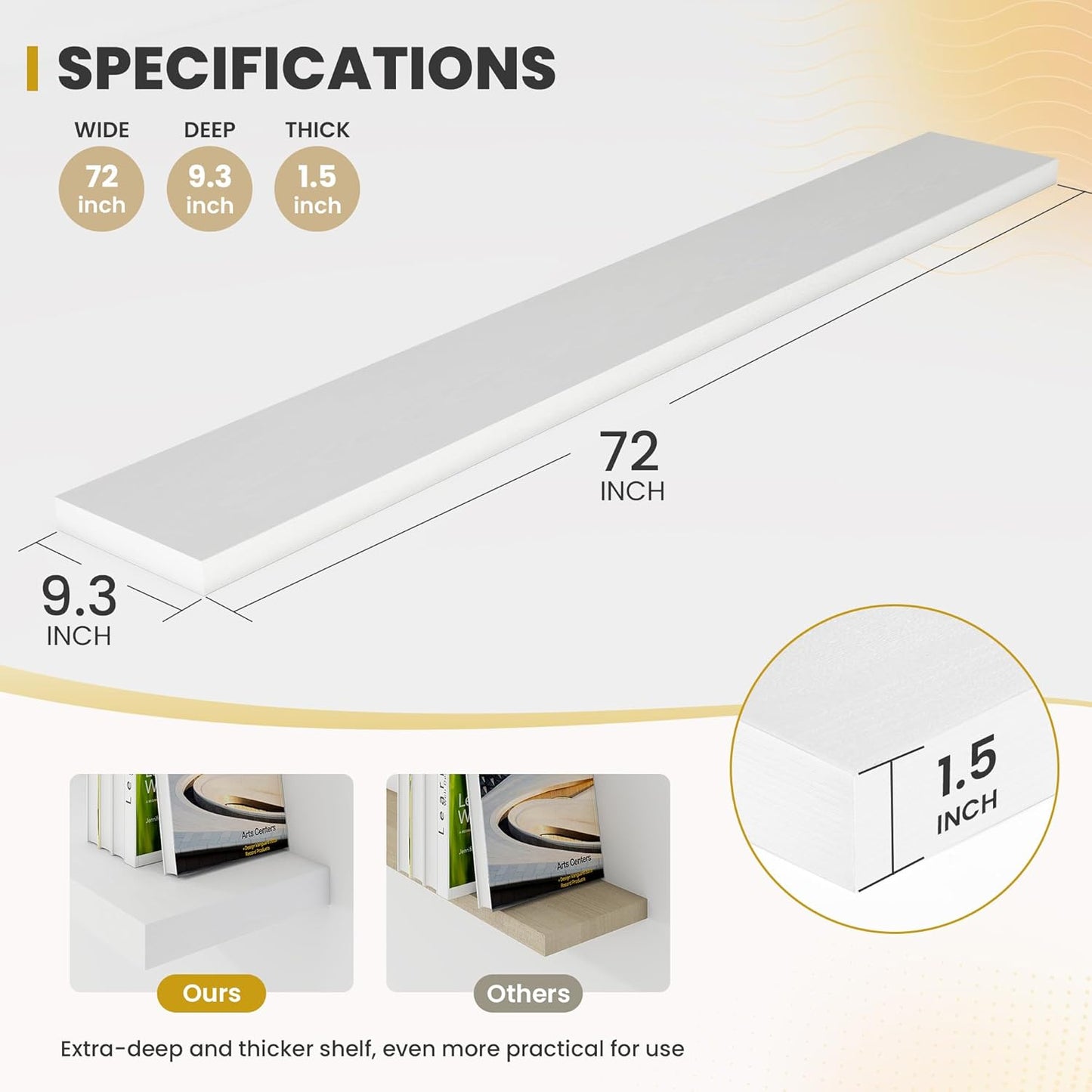 72 Inch Floating Shelves, 9.3" Deep Floating Shelf Wall Mounted, 72" Wall Shelves, Rustic Deep Bookshelf, Large Display Shelves & Storage Shelves for Bedroom, Living Room, White, Set of 1