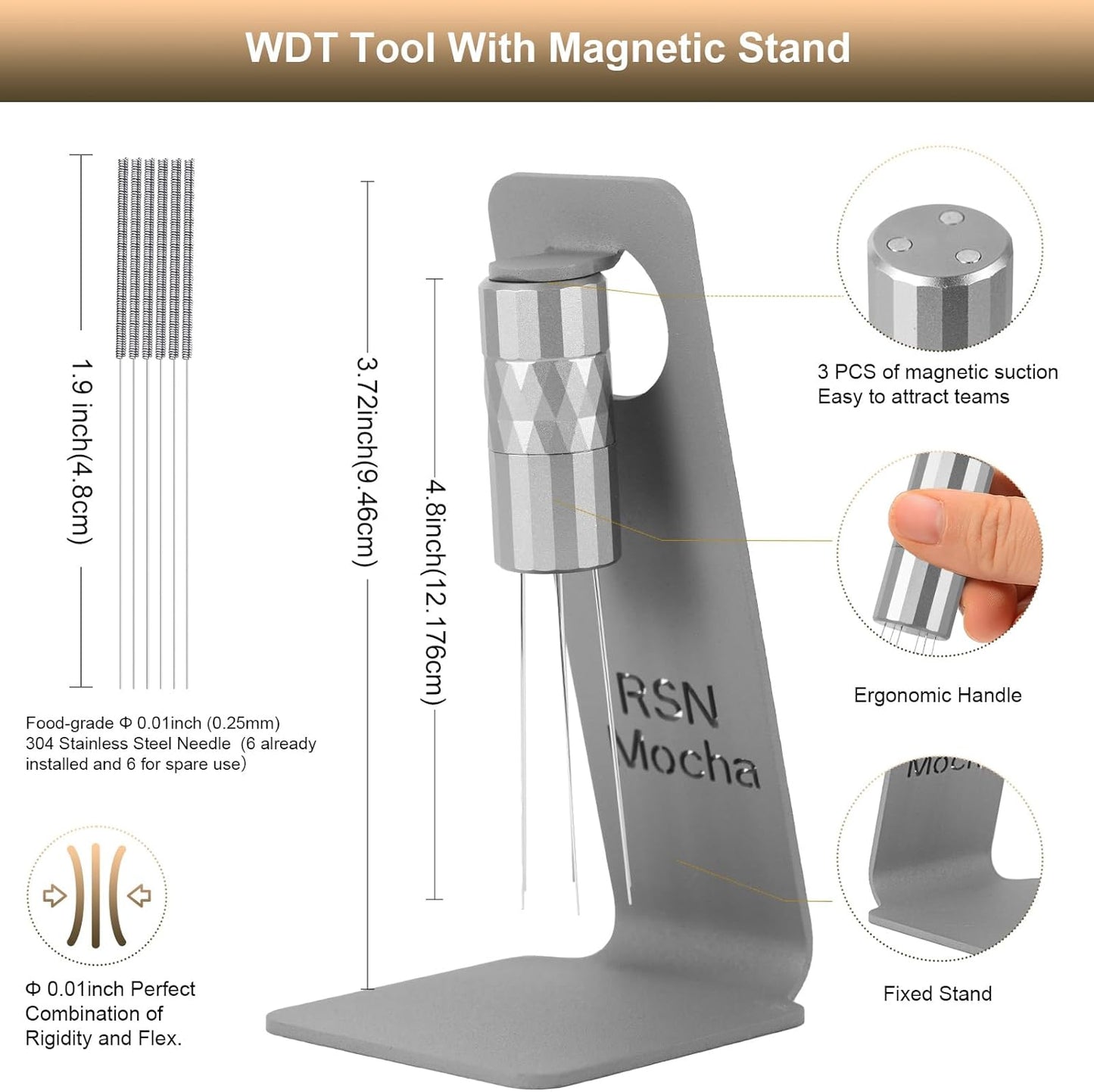 WDT Tool Espresso Distribution Tool,Coffee Distribution Tool with Magnetic Stand, Espresso Accessories with 6 Extra Φ0.25mm Stainless Steel Needles for Barista (Crystal Silver, Φ0.25mm)