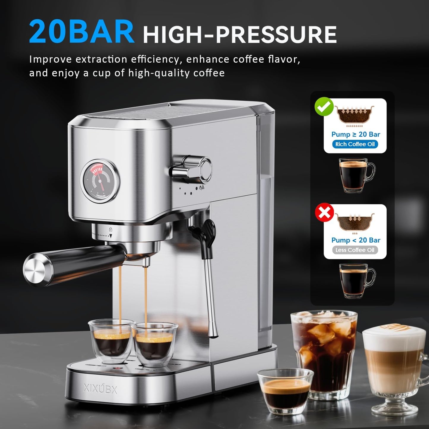 20Bar Espresso Machine, Compact Espresso Maker with Milk Frother, Stainless Steel Coffee Machine for Cappuccino&Latte, 42oz Water Tank, Visible Pressure Gauge, Home&Office, Silver