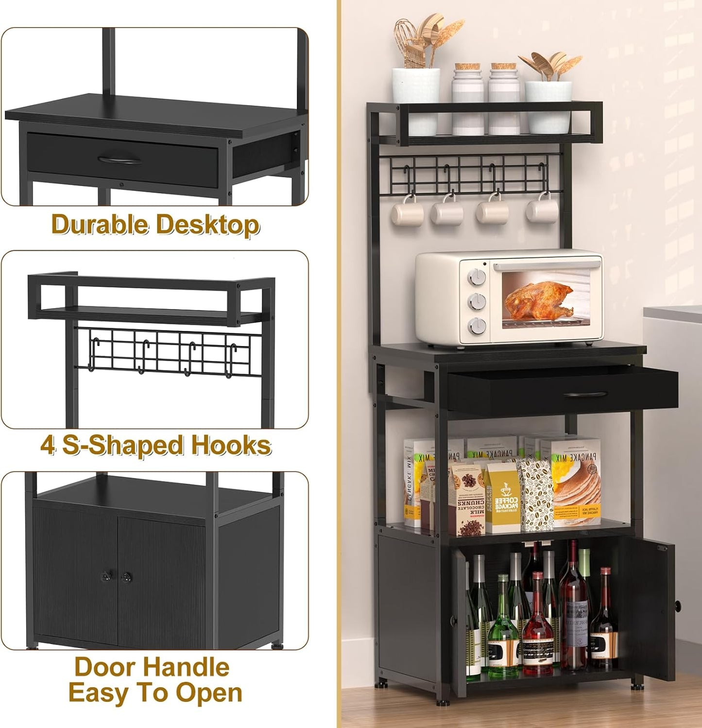5-Tier Coffee Bar Cabinet & Microwave Stand with Storage, 2 Doors, 4 S-Hooks Kitchen Appliance Bakers Rack for Spices, Pots,Coffee Station for Small Spaces,Living Room,Entryway,Black
