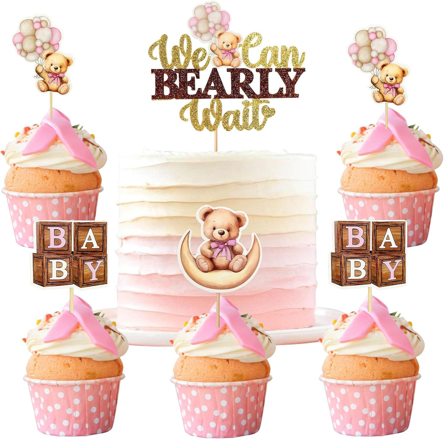 MEMOVAN Bear Baby Shower Cupcake Toppers 25pcs We Can Bearly Wait Cake Cupcake Topper Bear Cake Cupcake Decoration for Baby Girl We Can Bearly Wait Bear Theme Birthday Baby Shower Gender Reveal Party