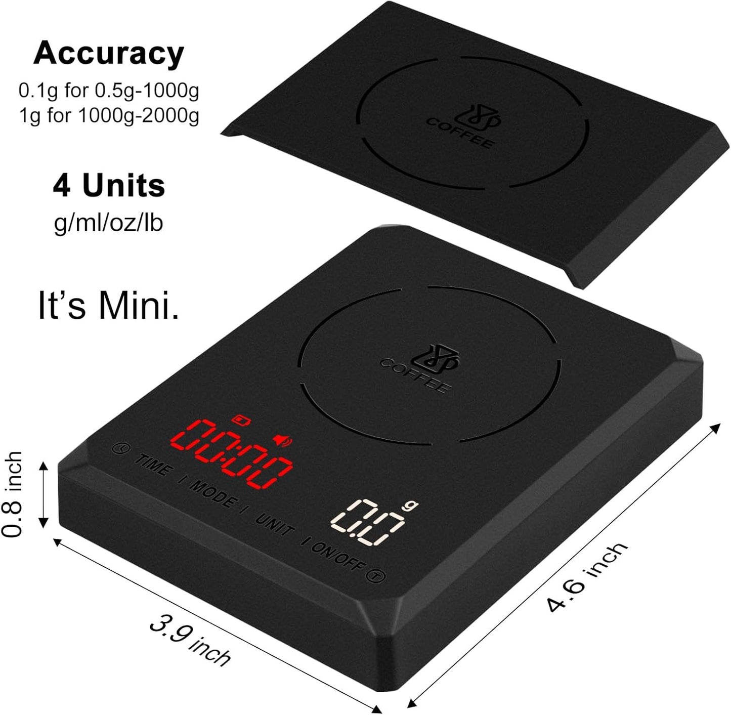 Fuzion Mini Coffee Scale with Timer - Espresso Scale Rechargeable 2kg x 0.1g Accuracy, 3-Mode Timer, LED Display, Digital Coffee Scale for Pour-Over, Espresso, Kitchen Use